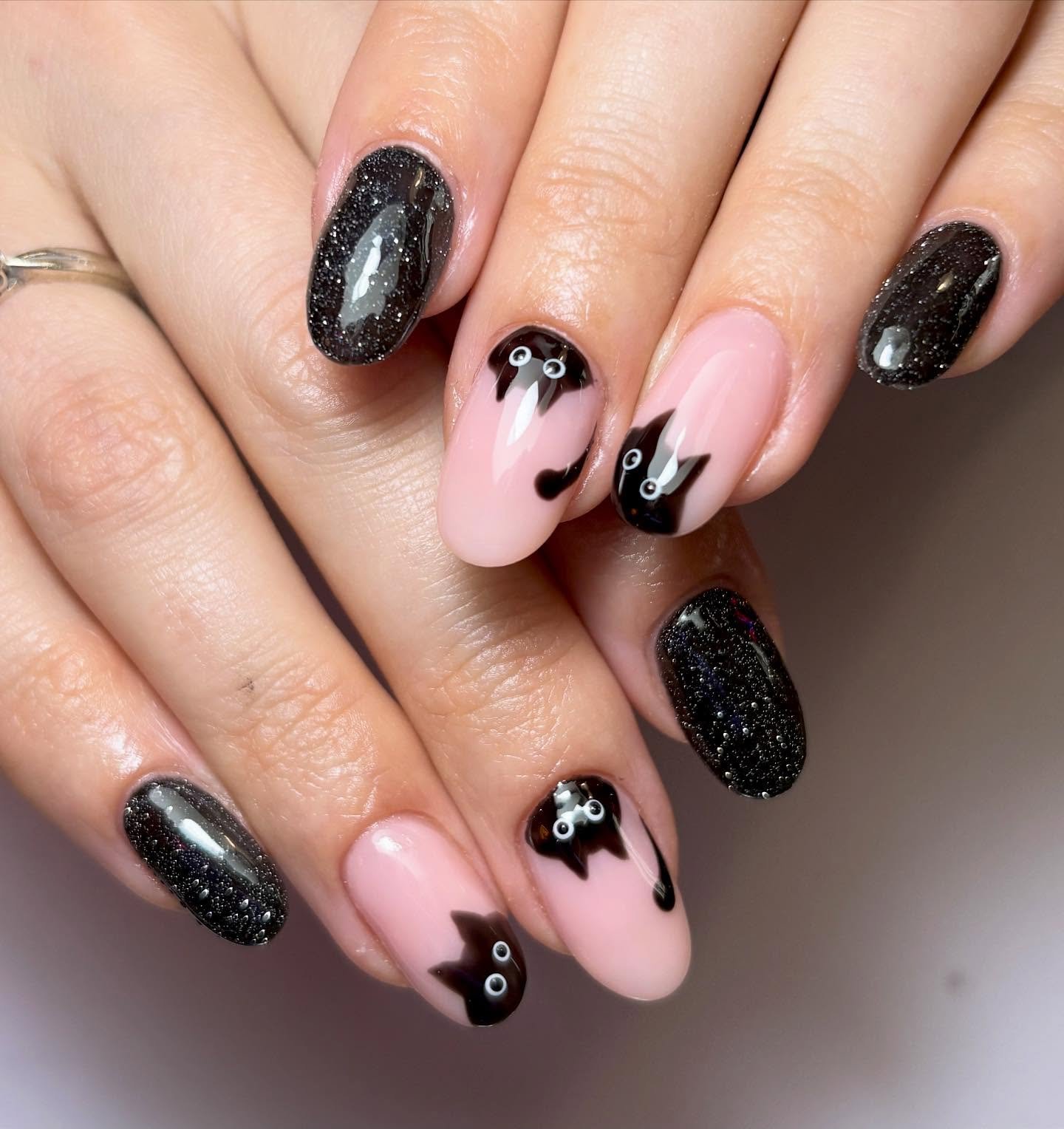 Black and Pink Halloween Nails with Tiny Accents