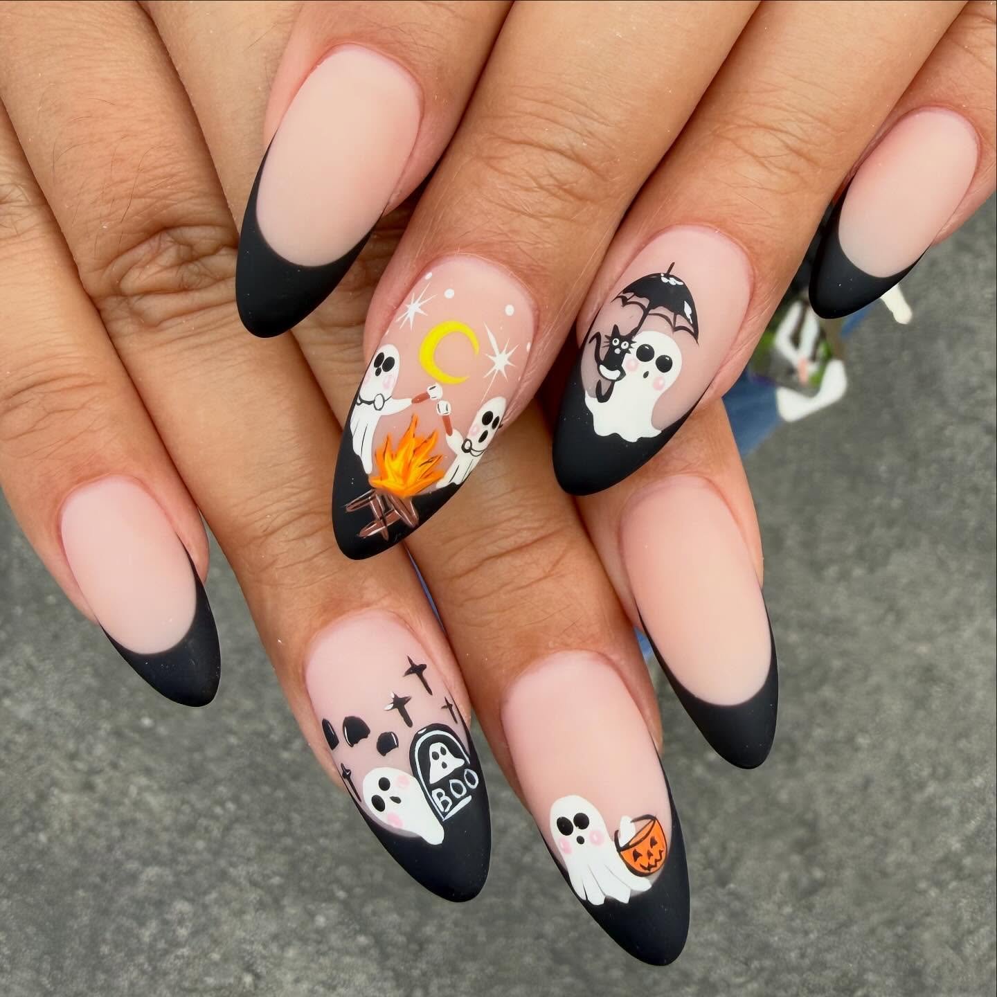 Pink, Black and White Halloween Character Nails