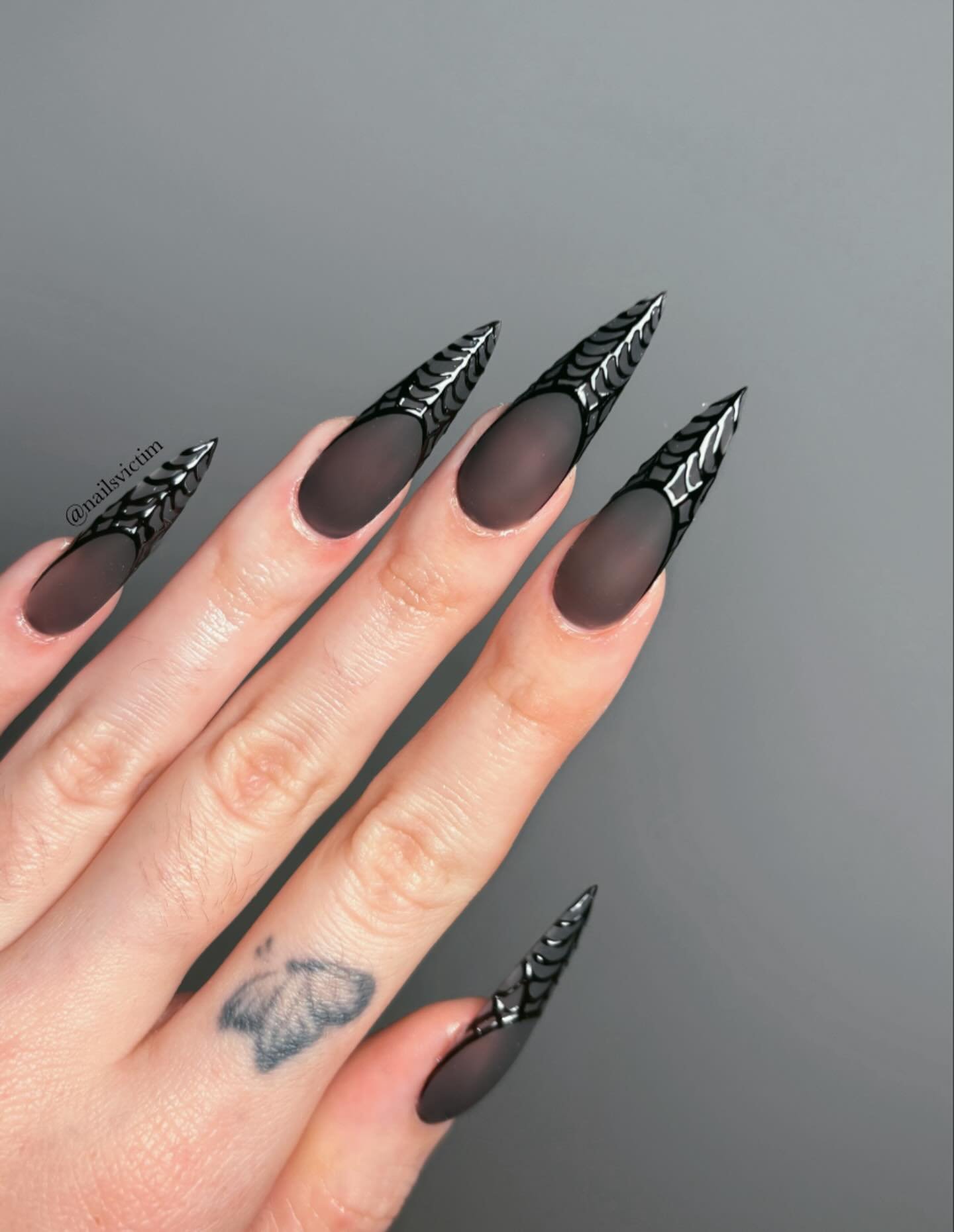 Black Stiletto Nails with Silver Spiderweb Lines