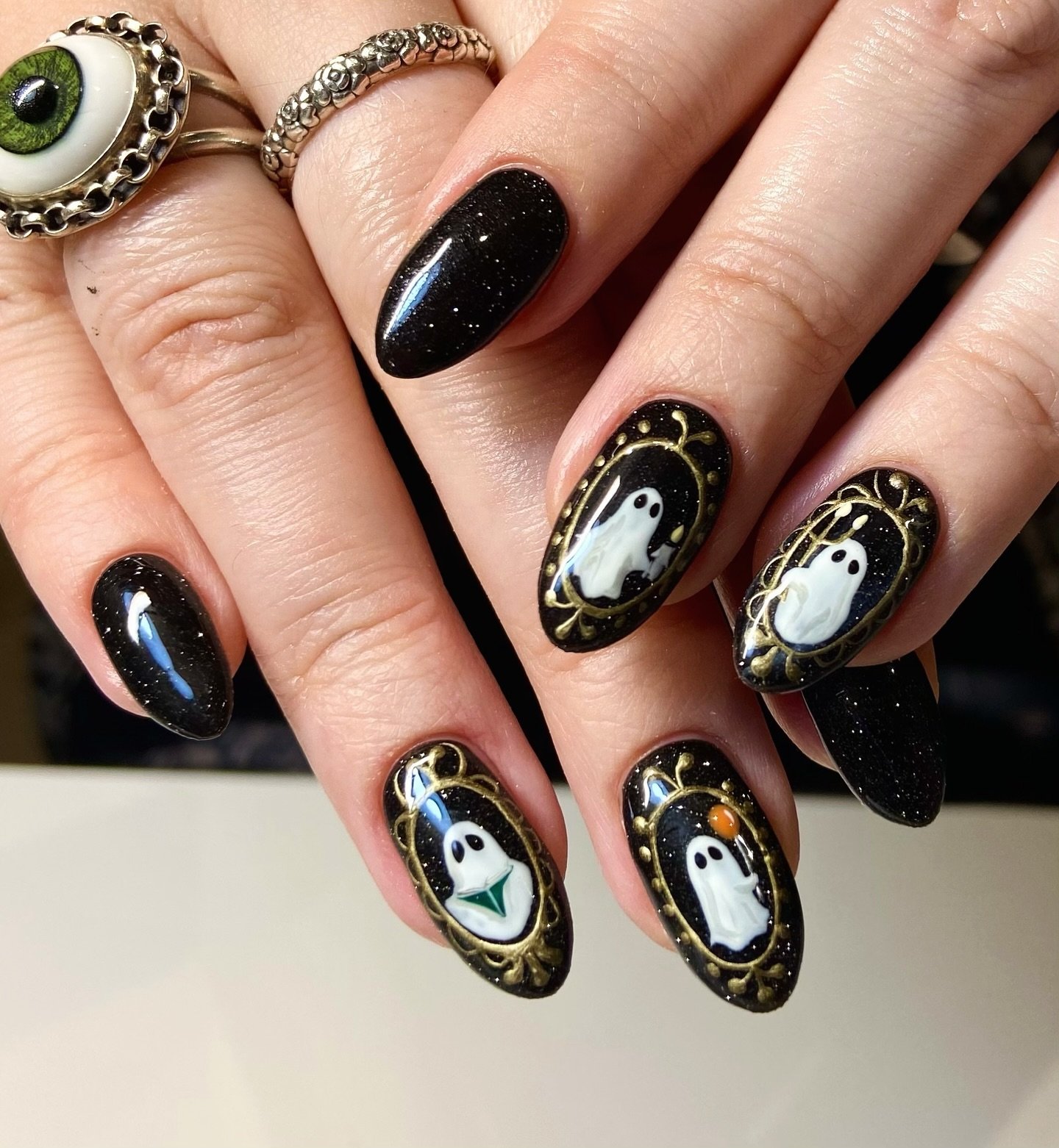 Black Nails with White Framed Halloween Artwork