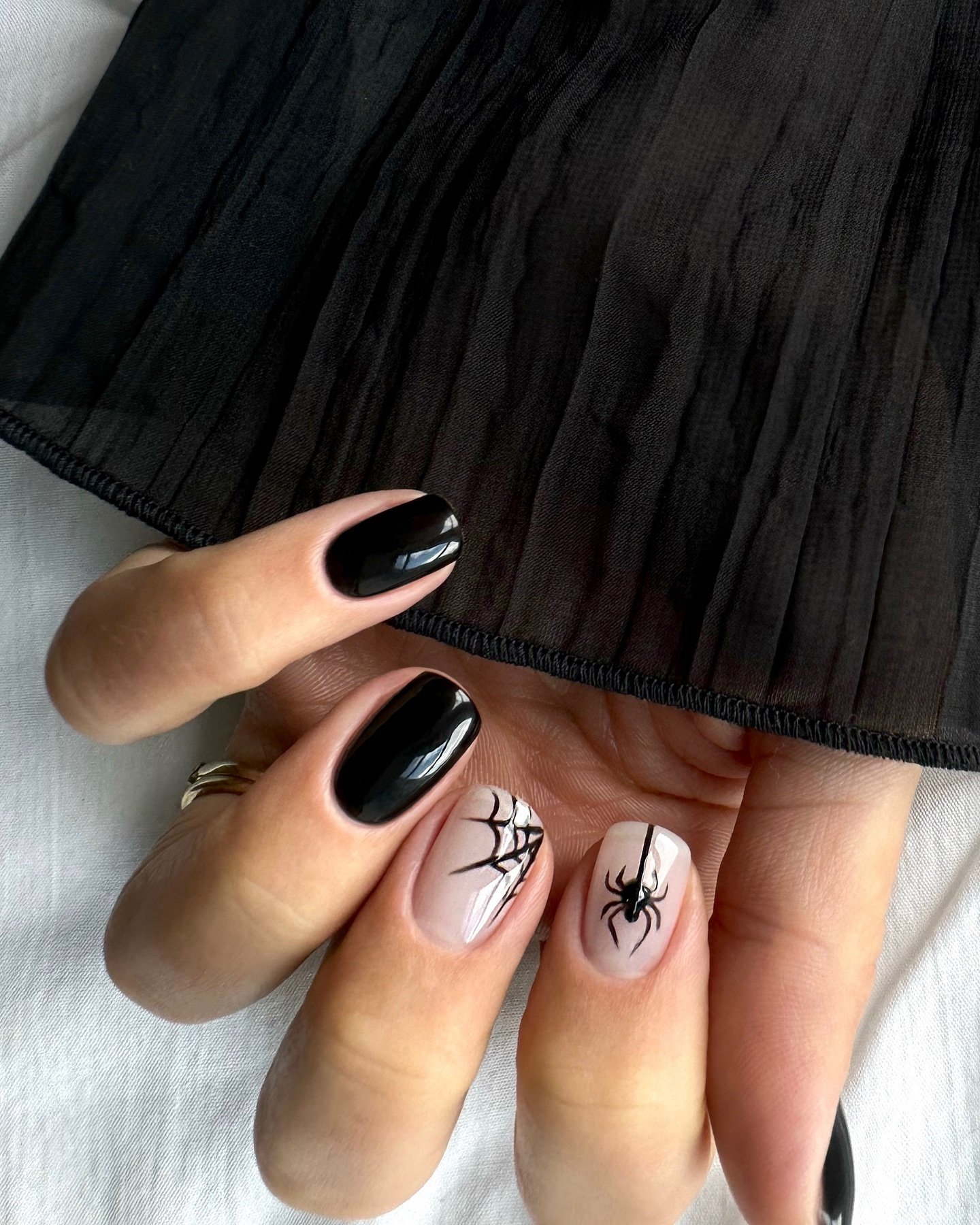Matte Black and Pale Pink Nails with Line Art