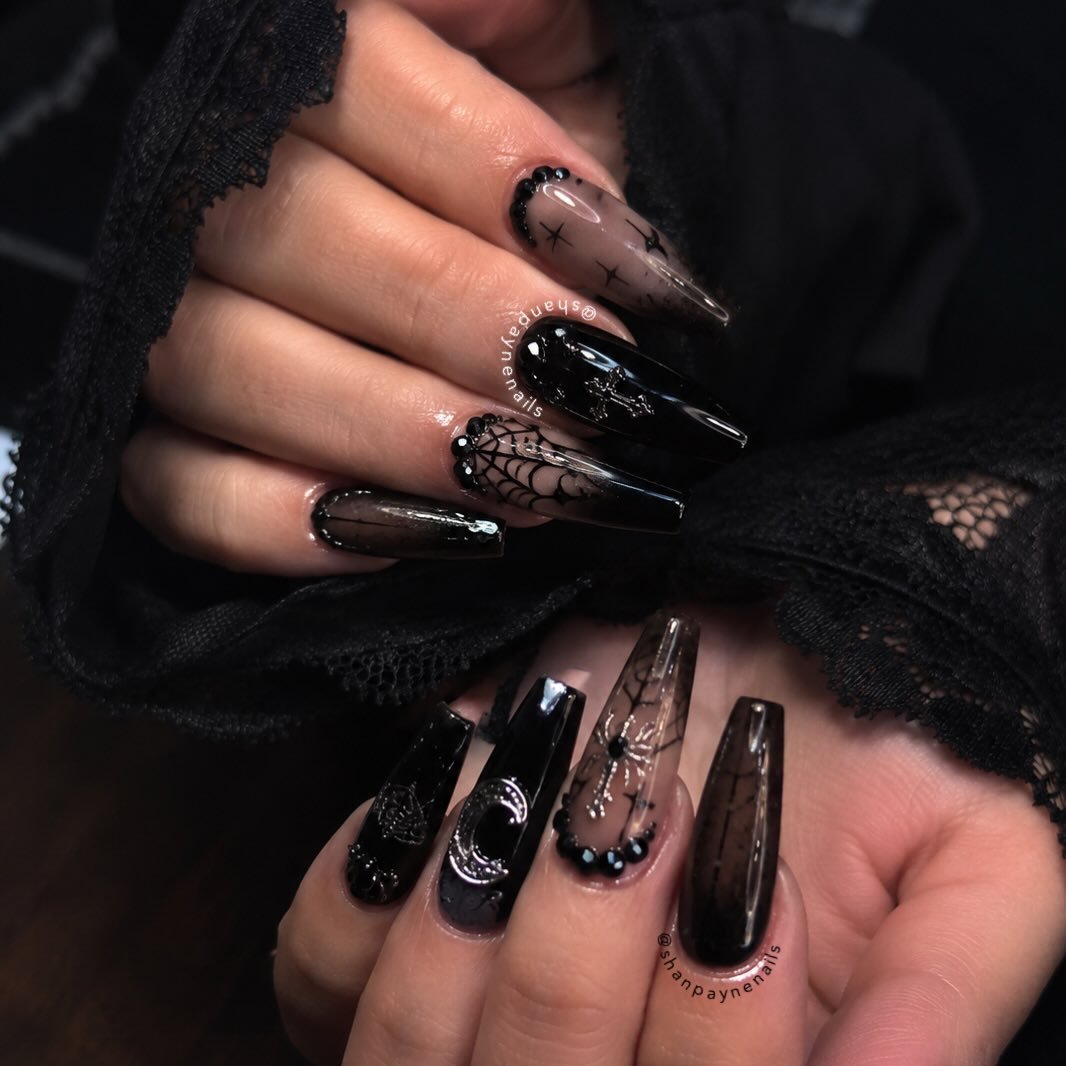 Long Black Nails with Sheer Lace-Like Details