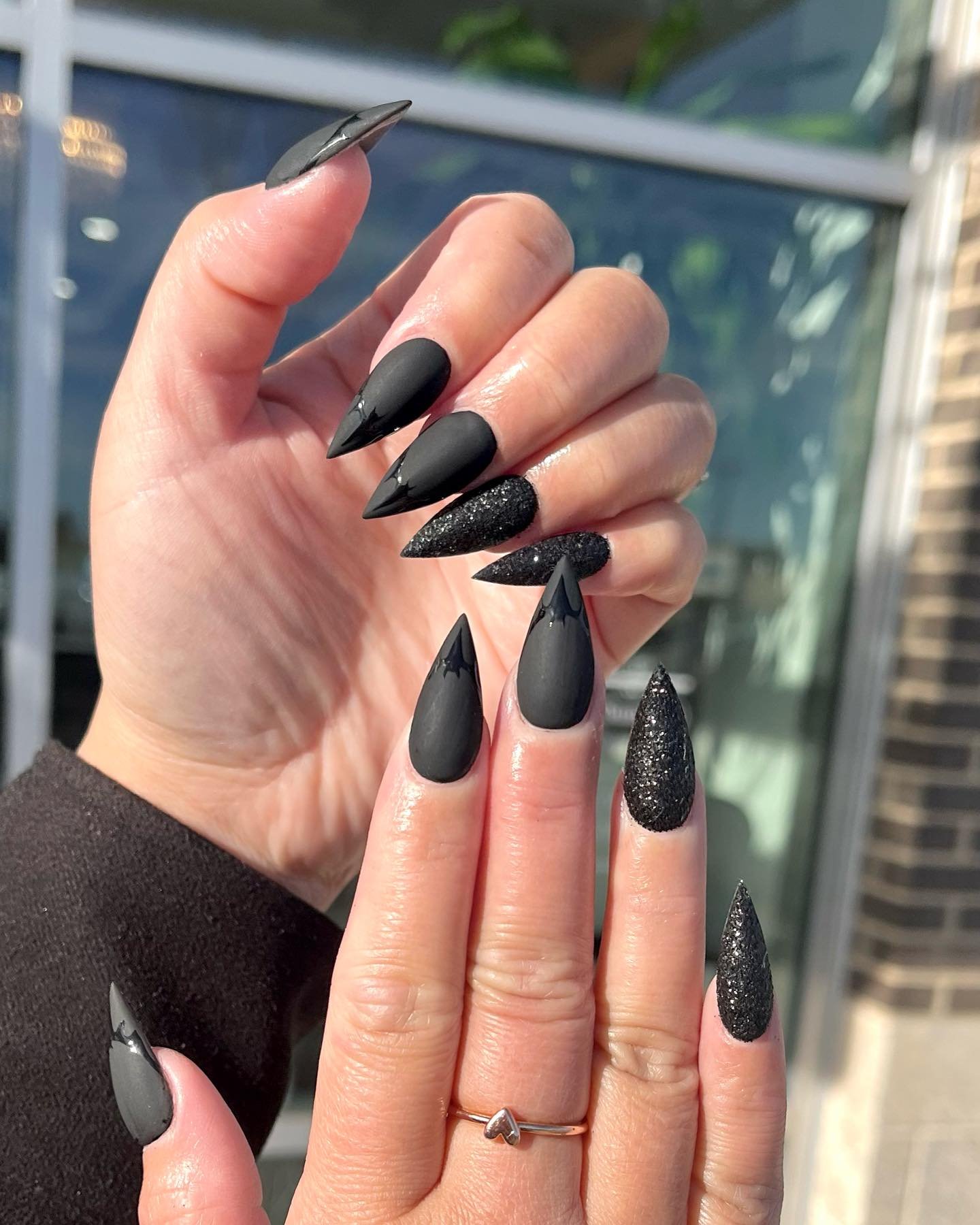 Long Matte Black Pointed Nails