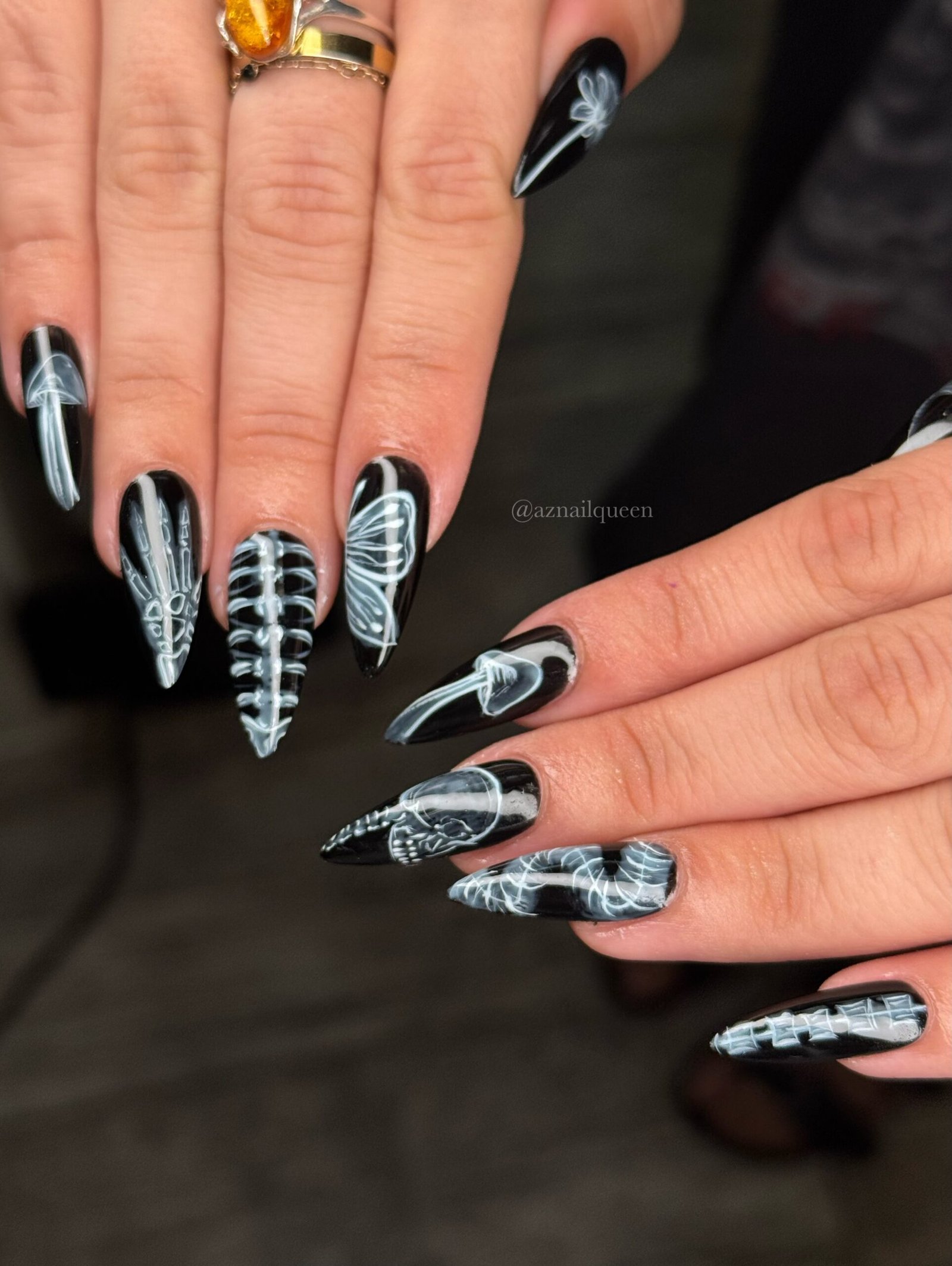 Silver, Black and White Halloween Nail Art