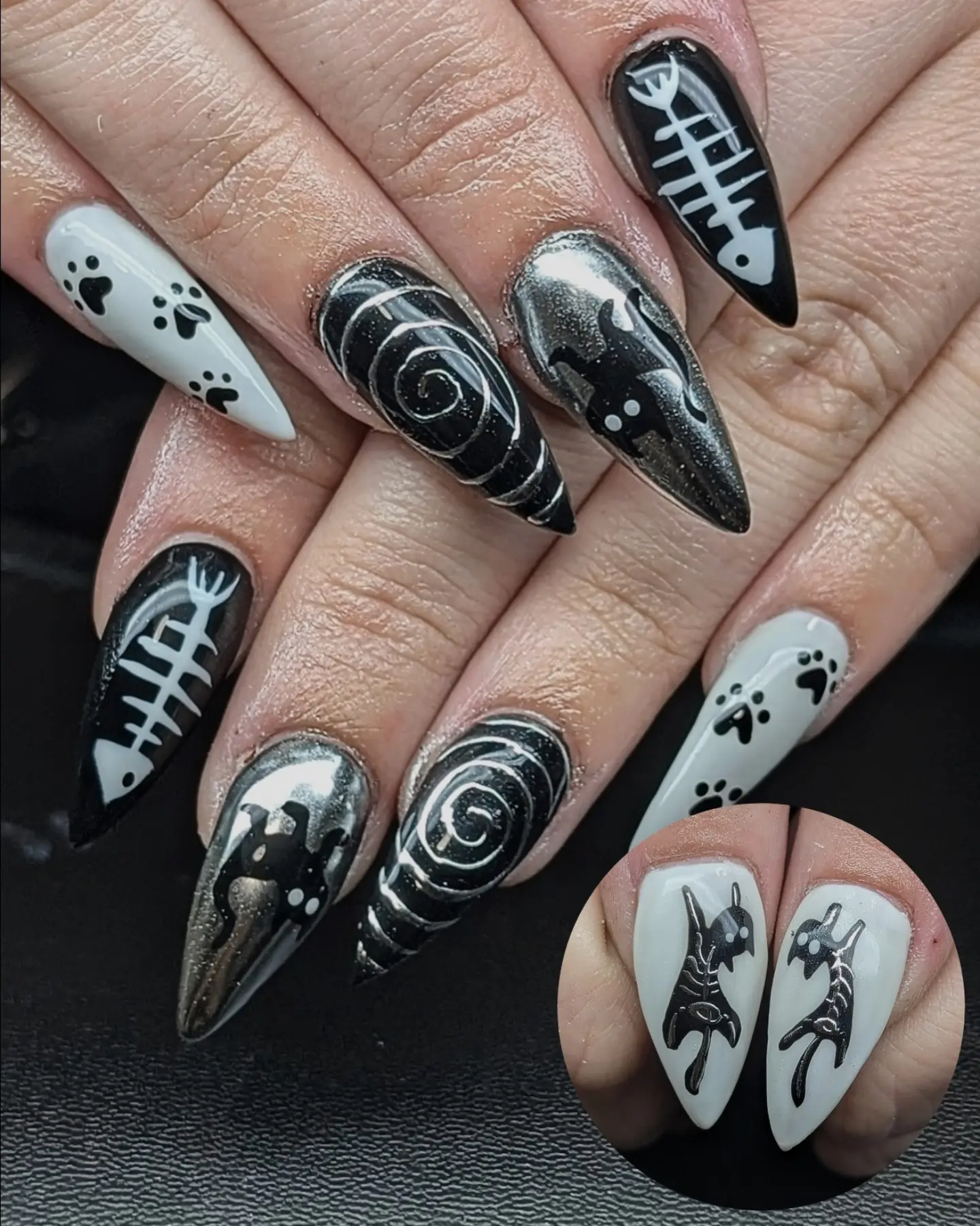 Black and White Nails with Webs and Graphic Lines