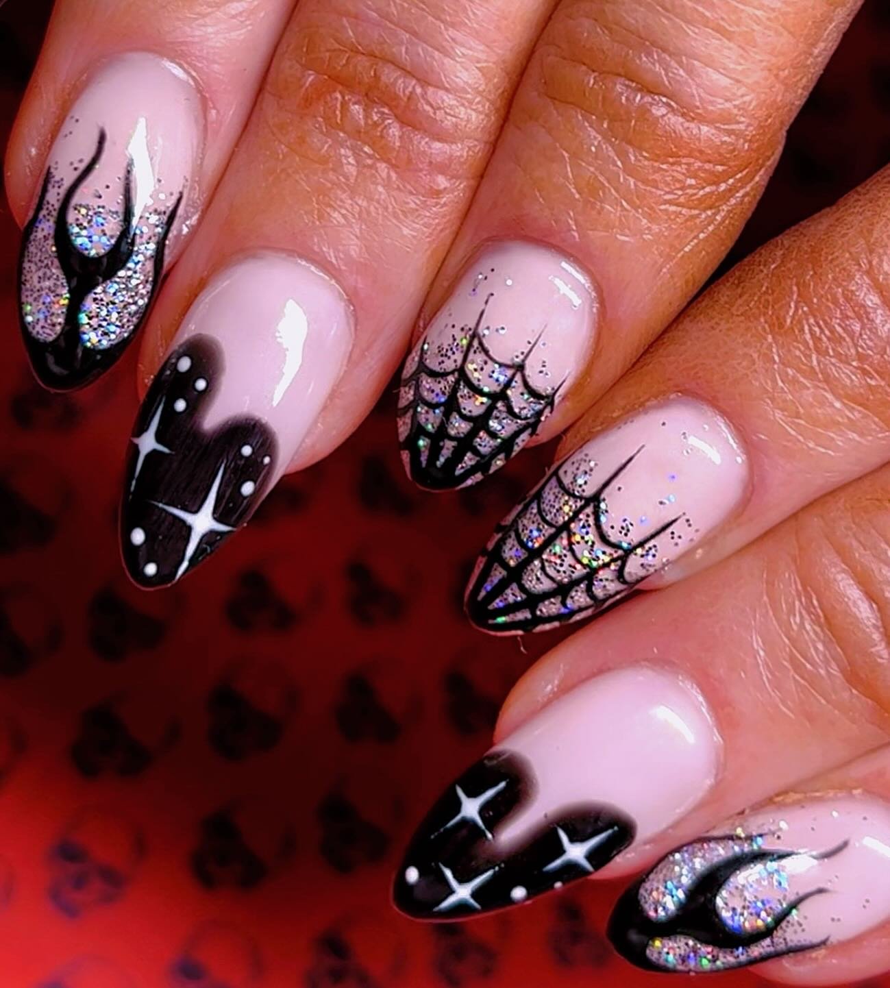 Pink and Black Spiderweb Halloween Nails