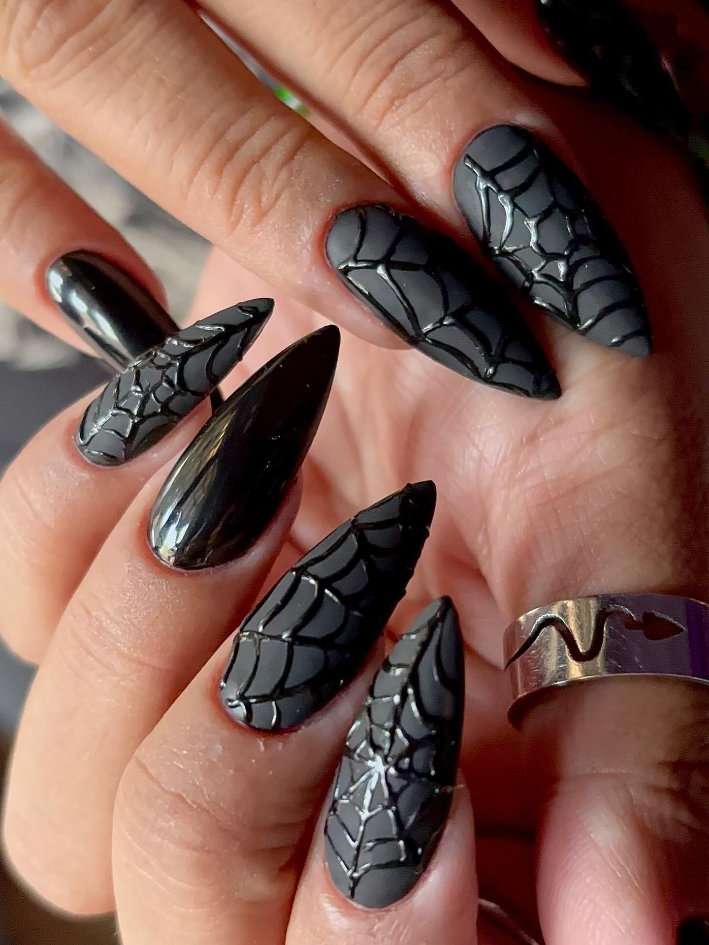 Black Lace-Effect Spiderweb Nails