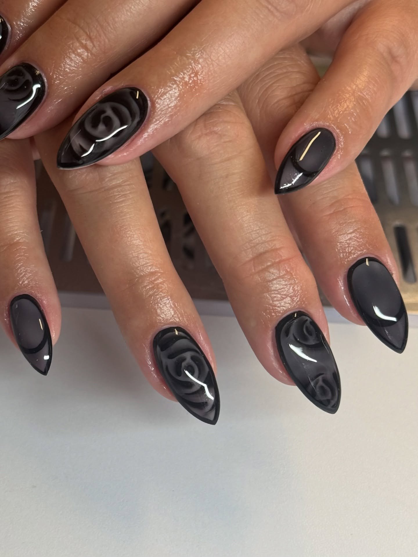 Black Nails with Circular Swirl Details