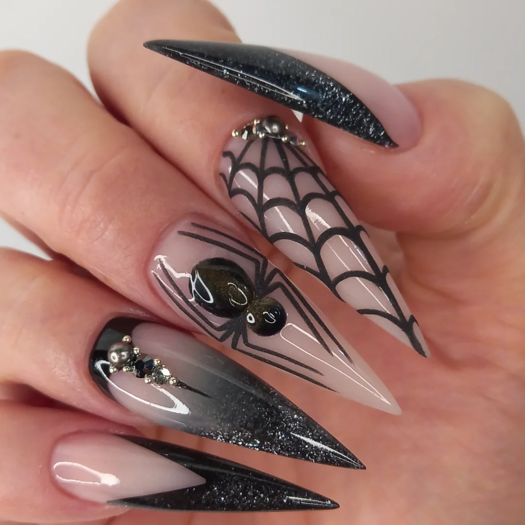 Black, Nude and Silver Graphic Stiletto Nails