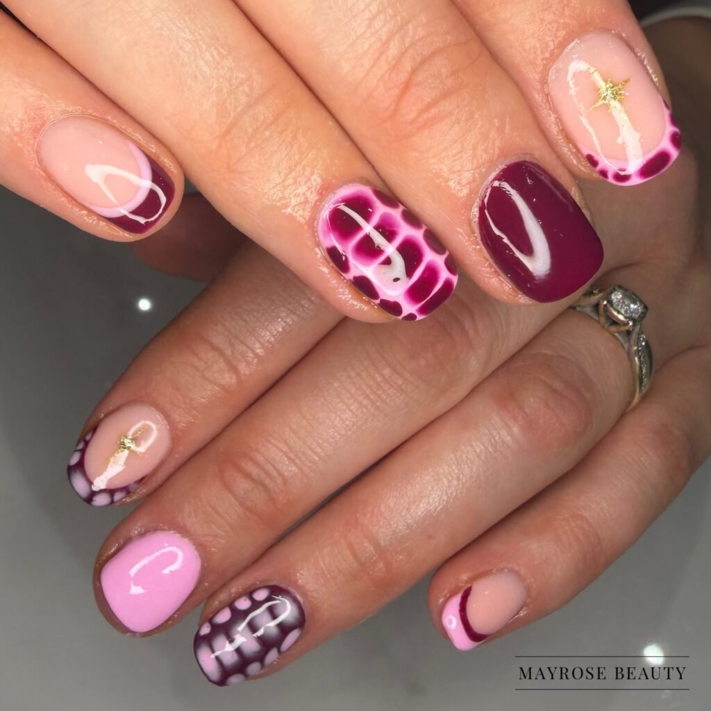 Pink, Berry, and Nude Mixed Almond Nails
