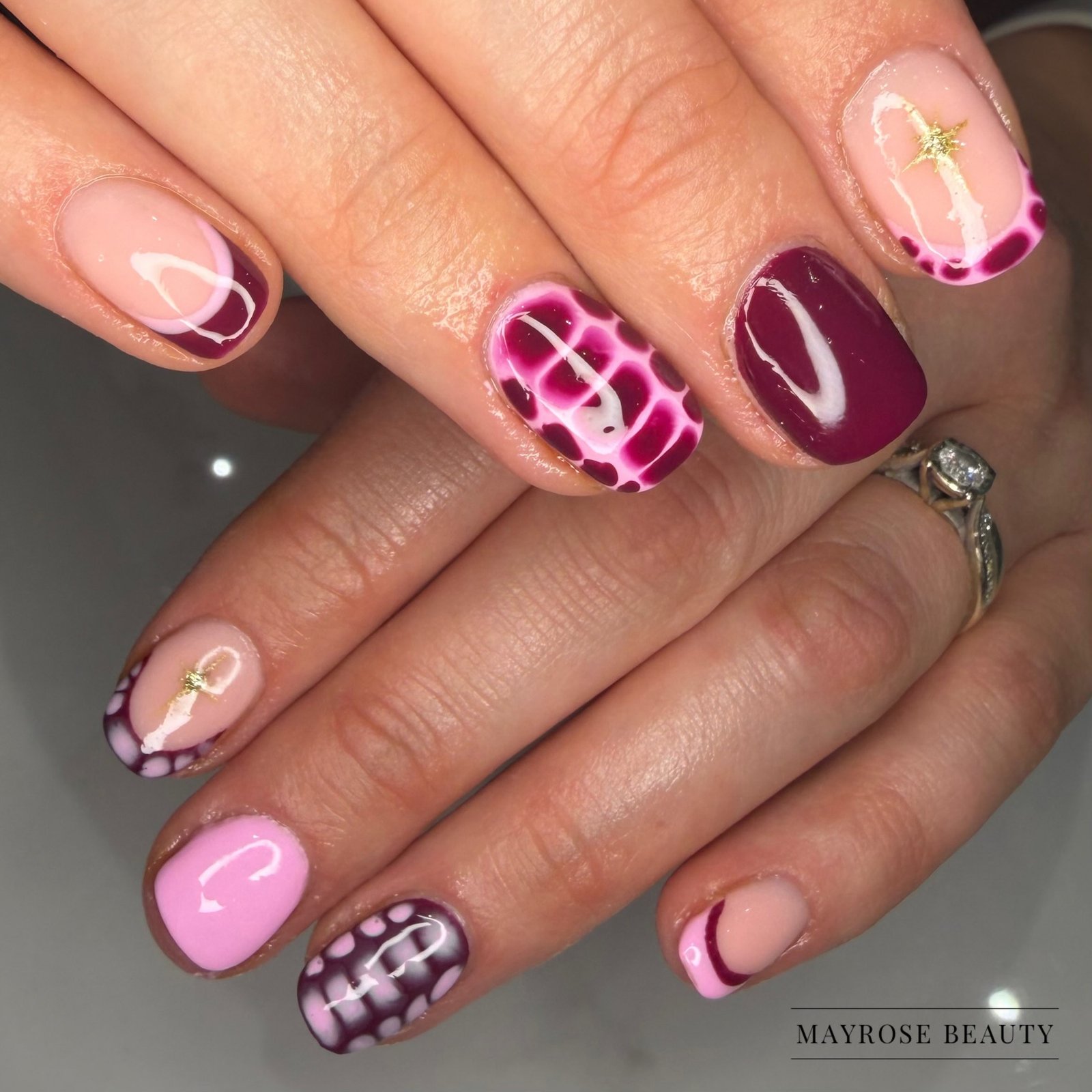 Pink, Berry, and Nude Mixed Almond Nails