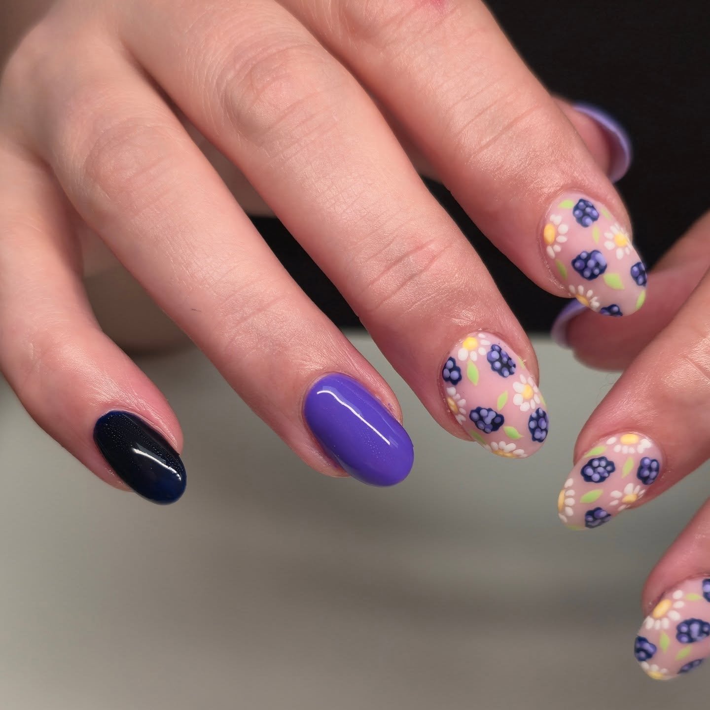 Purple Almond Nails with Spotted Pink Accents