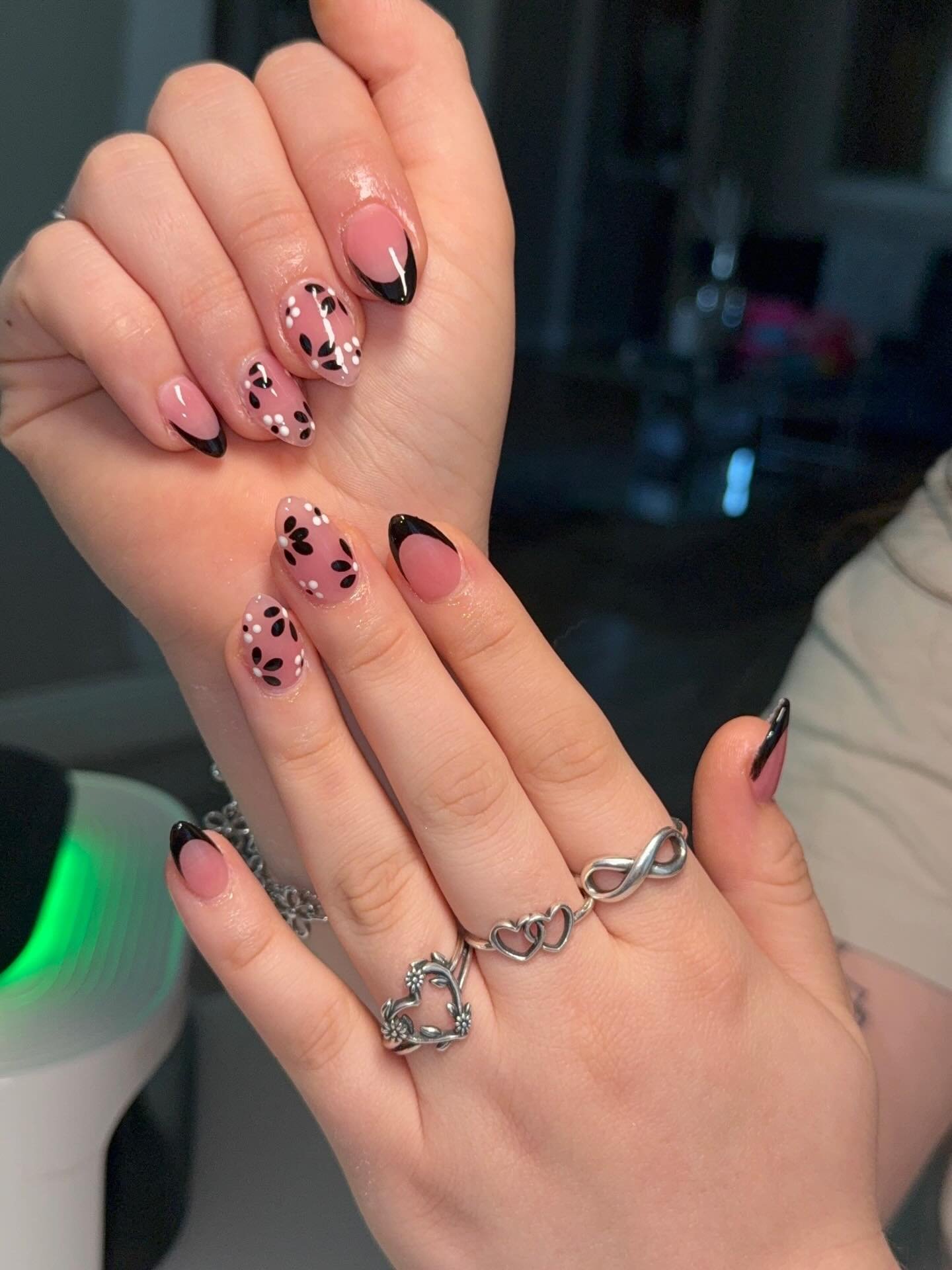Nude Almond Nails with Dark Berry Floral Accents