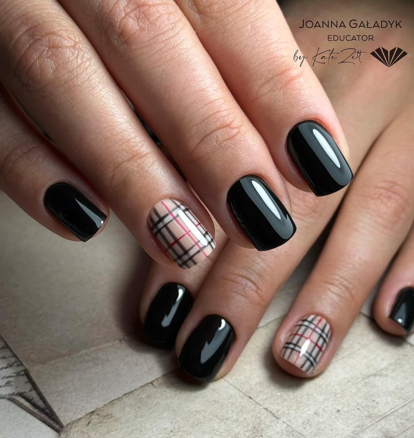 Black Square Nails with Plaid Accents
