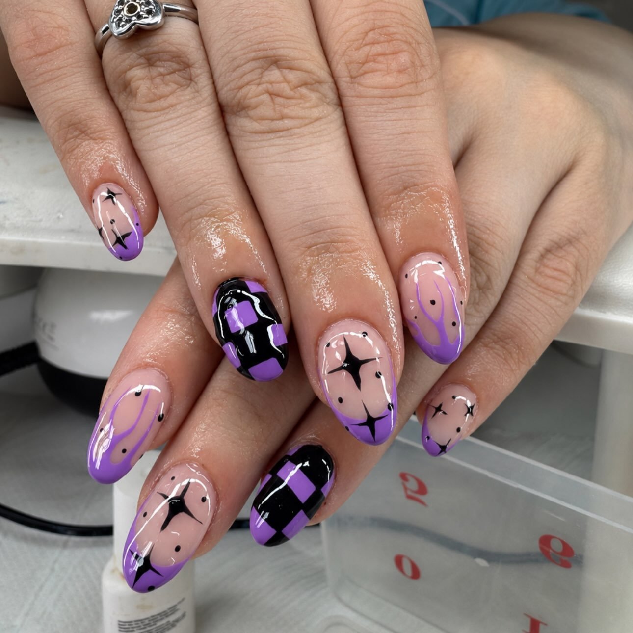 Lilac Almond Nails with Purple Checker Accents