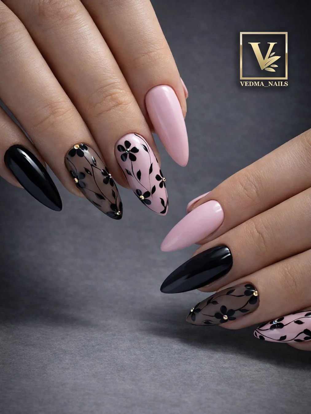 Black and Nude Stiletto Nails with Leopard Accents