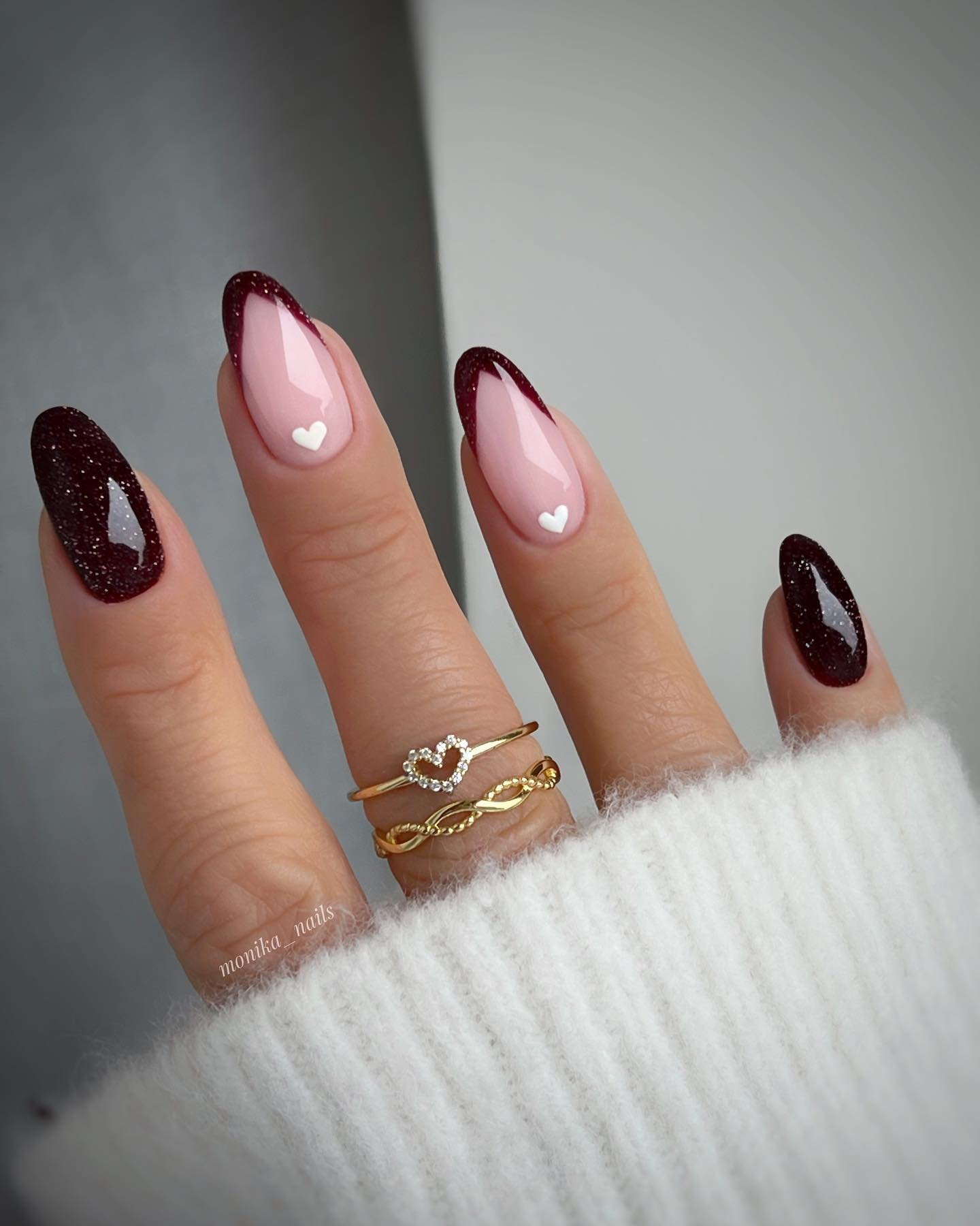 Soft Pink Almond Nails with Deep Berry Side Accents
