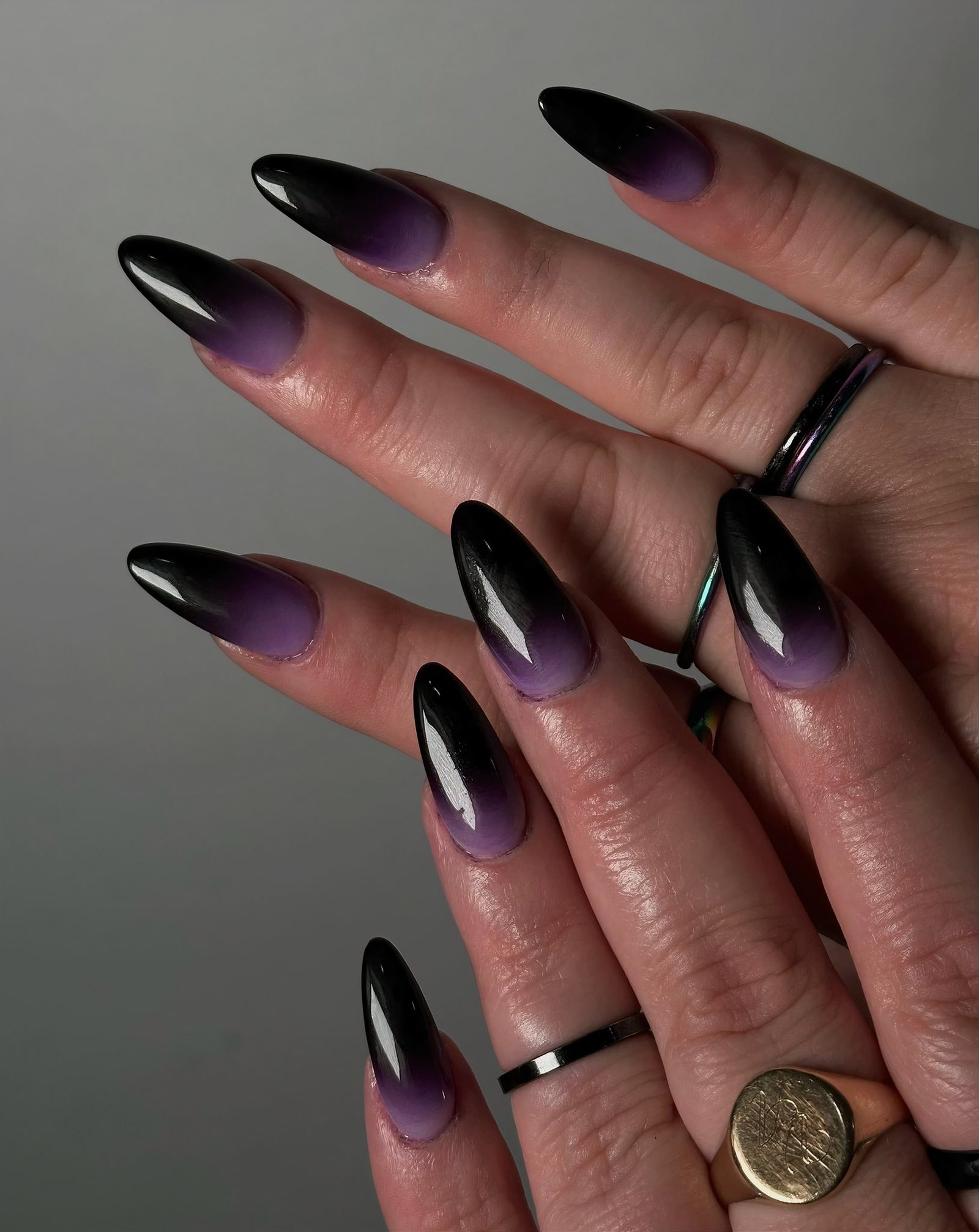 Black Almond Nails with Purple Aura Gradients