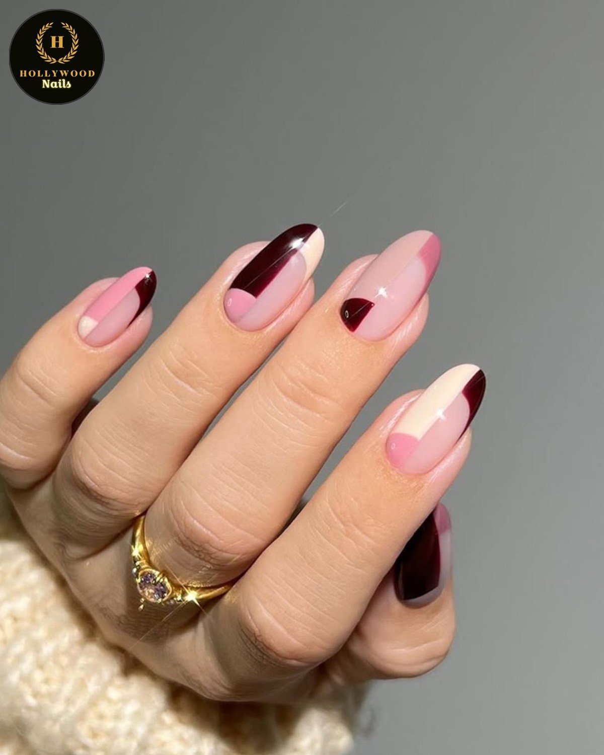 Pink Almond Nails with Deep Berry French Tips