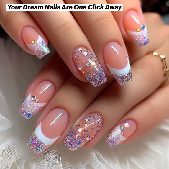 Pink Nails with Multicolor Glitter Tips and Sparkly Accent Nails