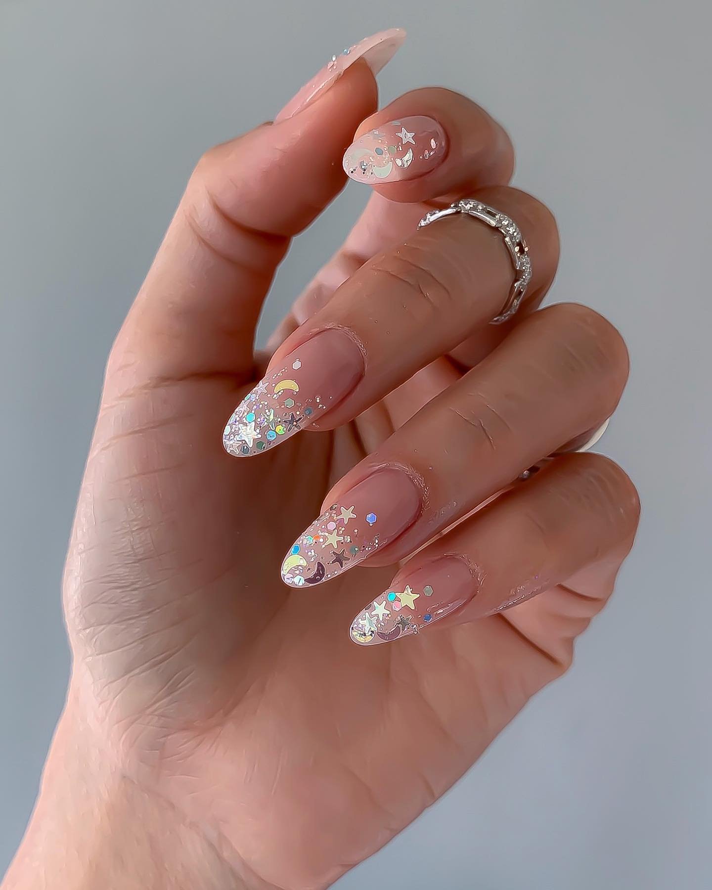 Long Blush Almond Nails with Glittered Tips