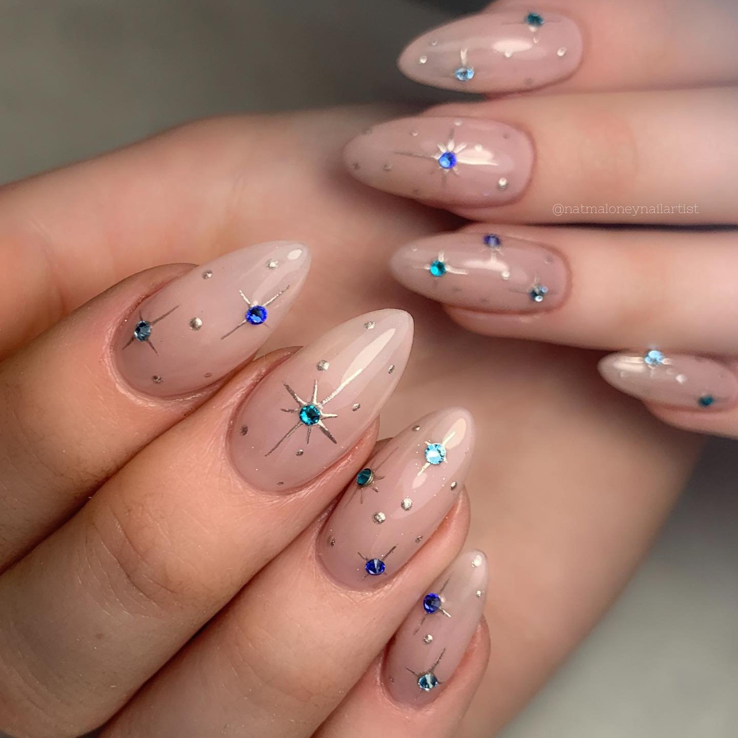 Blush Almond Nails with Tiny Multicolor Rhinestones