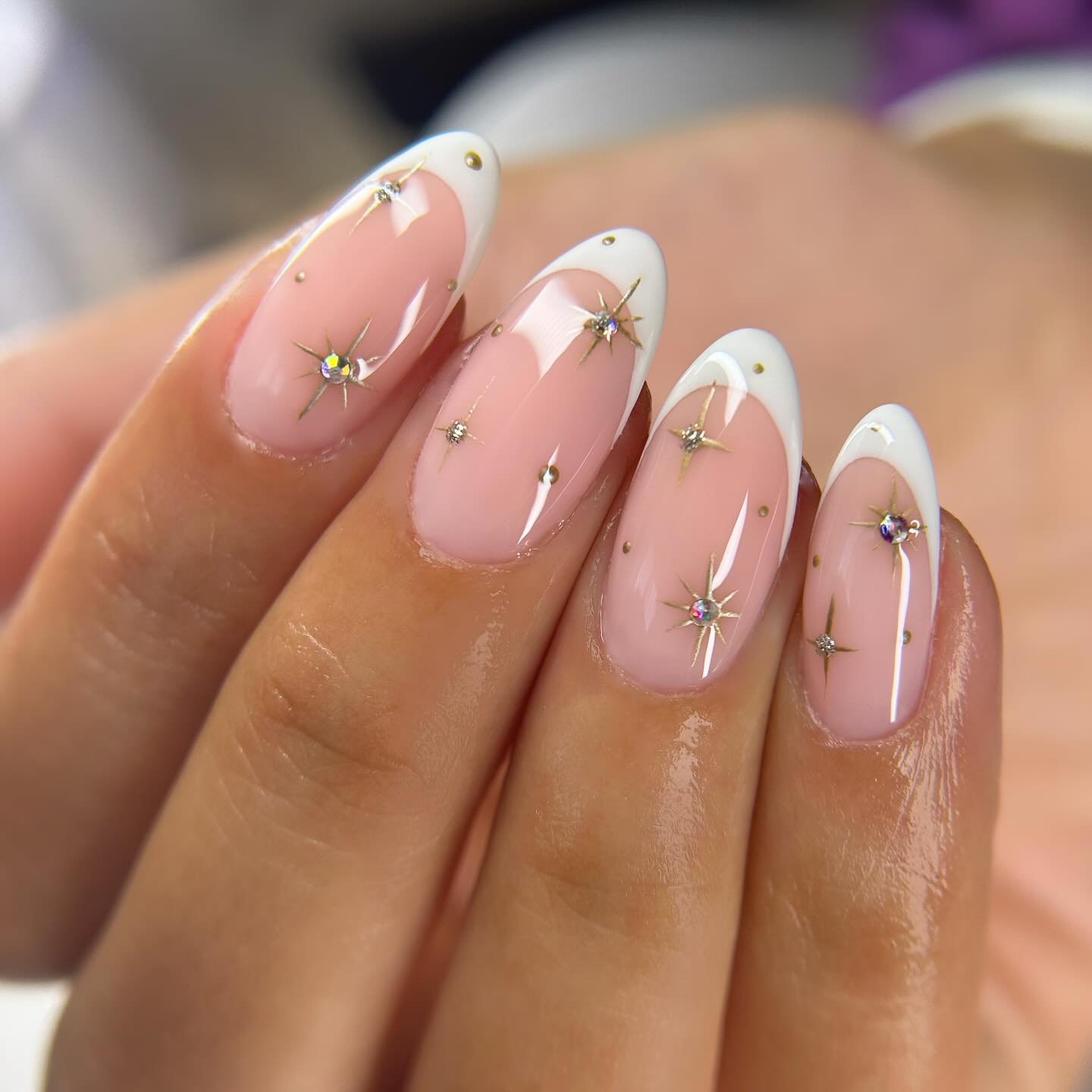 Pink Almond Nails with White French Tips and Tiny Gold Details