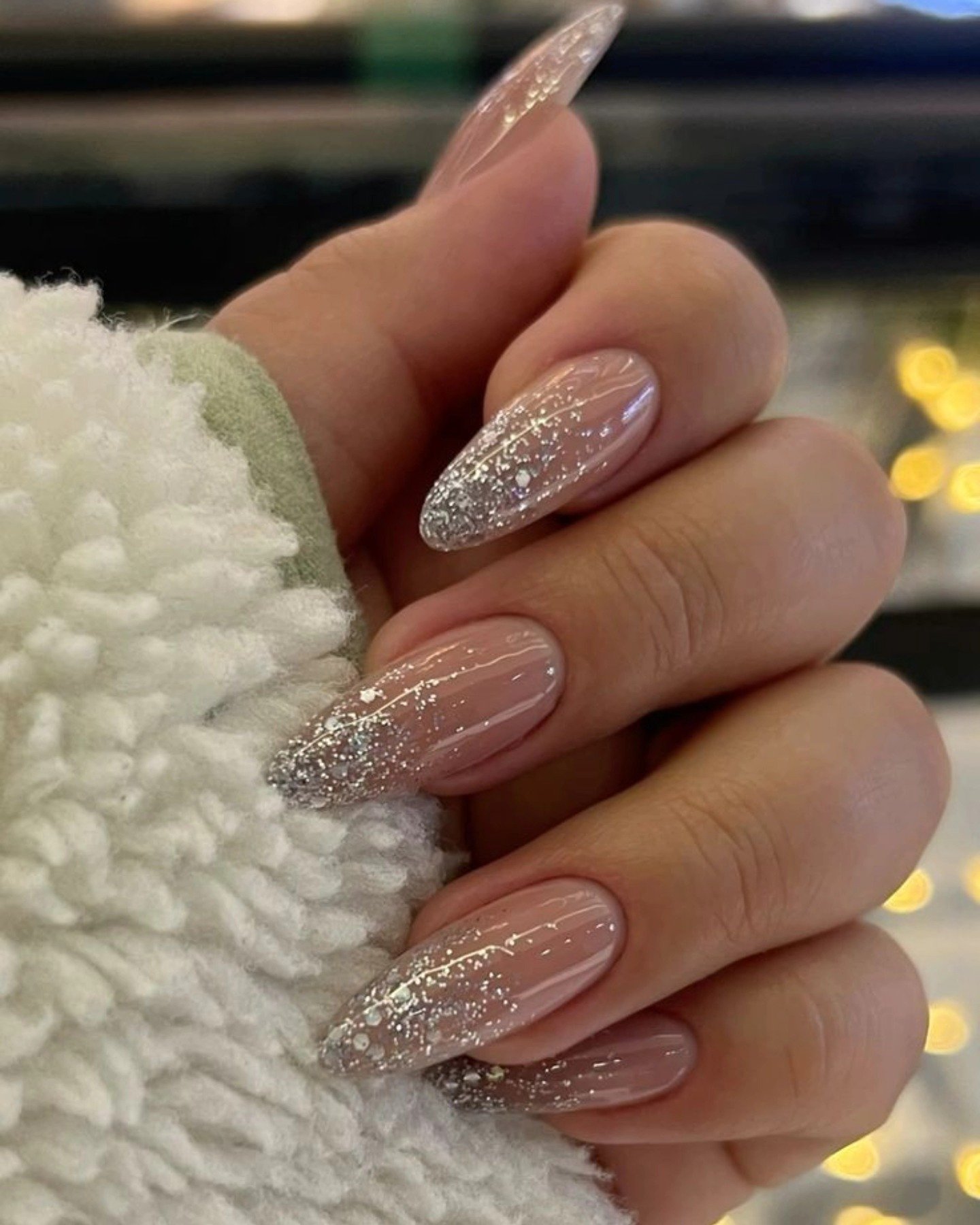 Sheer Pink Almond Nails with Silver Glitter French Tips