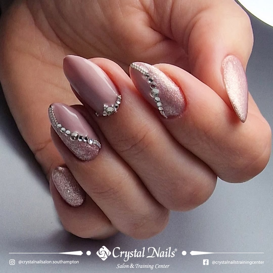 Mauve Almond Nails with Silver Glitter Edging and Crystals