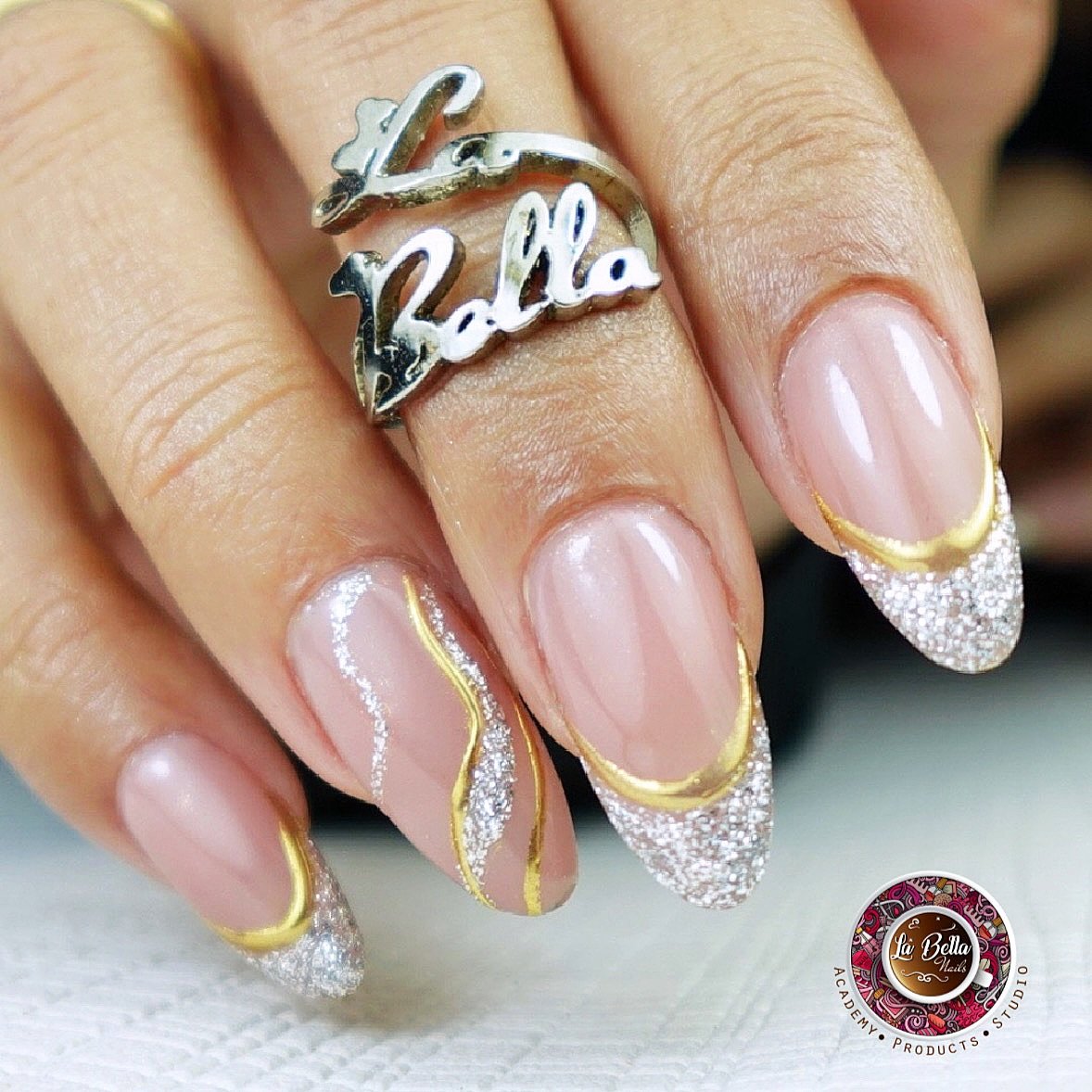 Pink Nails with Gold French Outlines and Glitter Tips