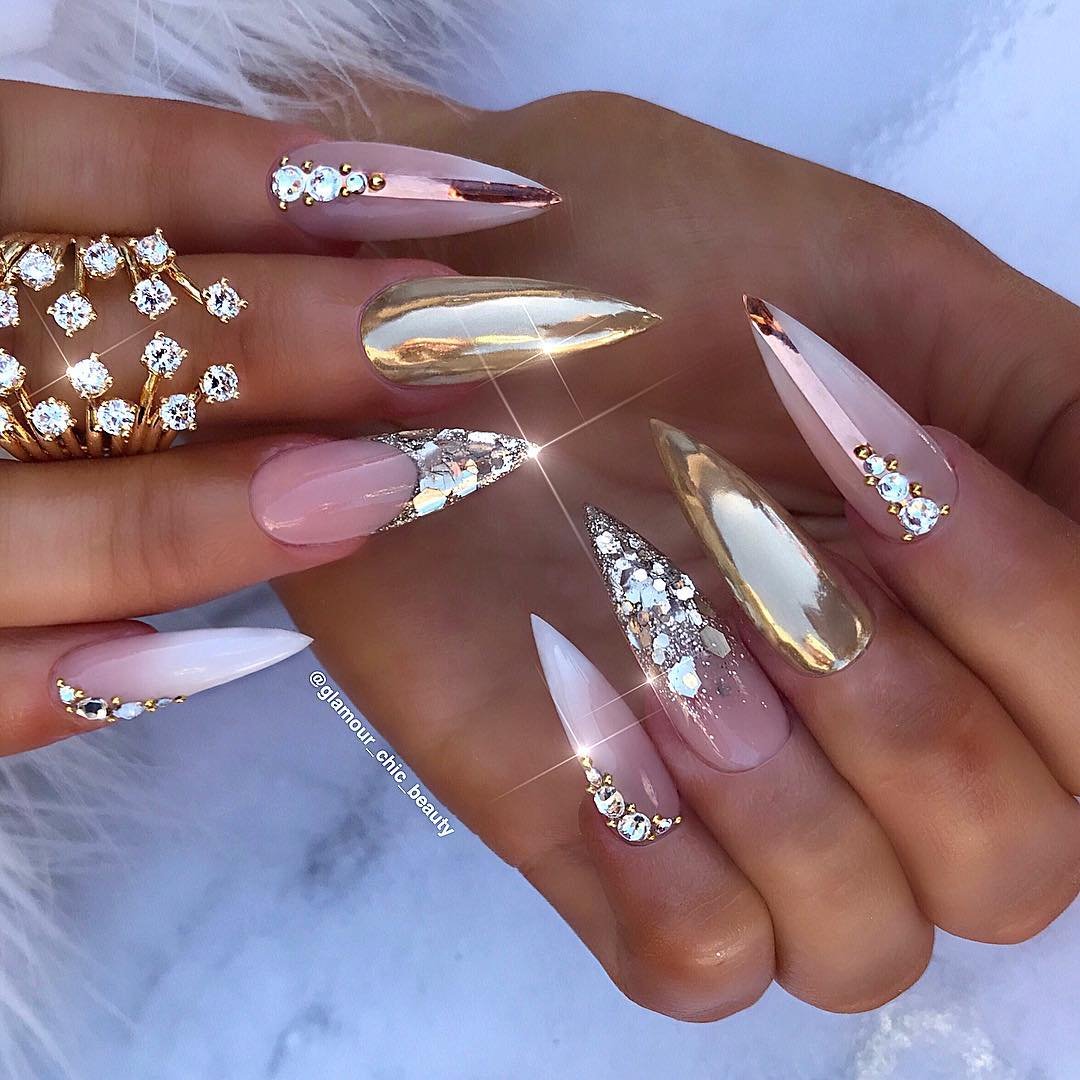Long Stiletto Nails with Pink, Gold Chrome, and Crystal Details