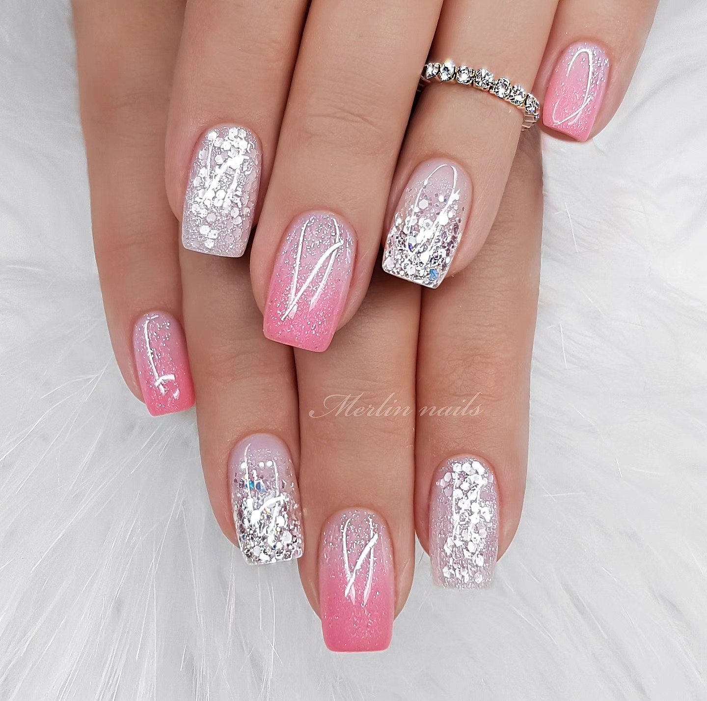 Pink Square Nails with Silver Glitter Accents and White Line Art