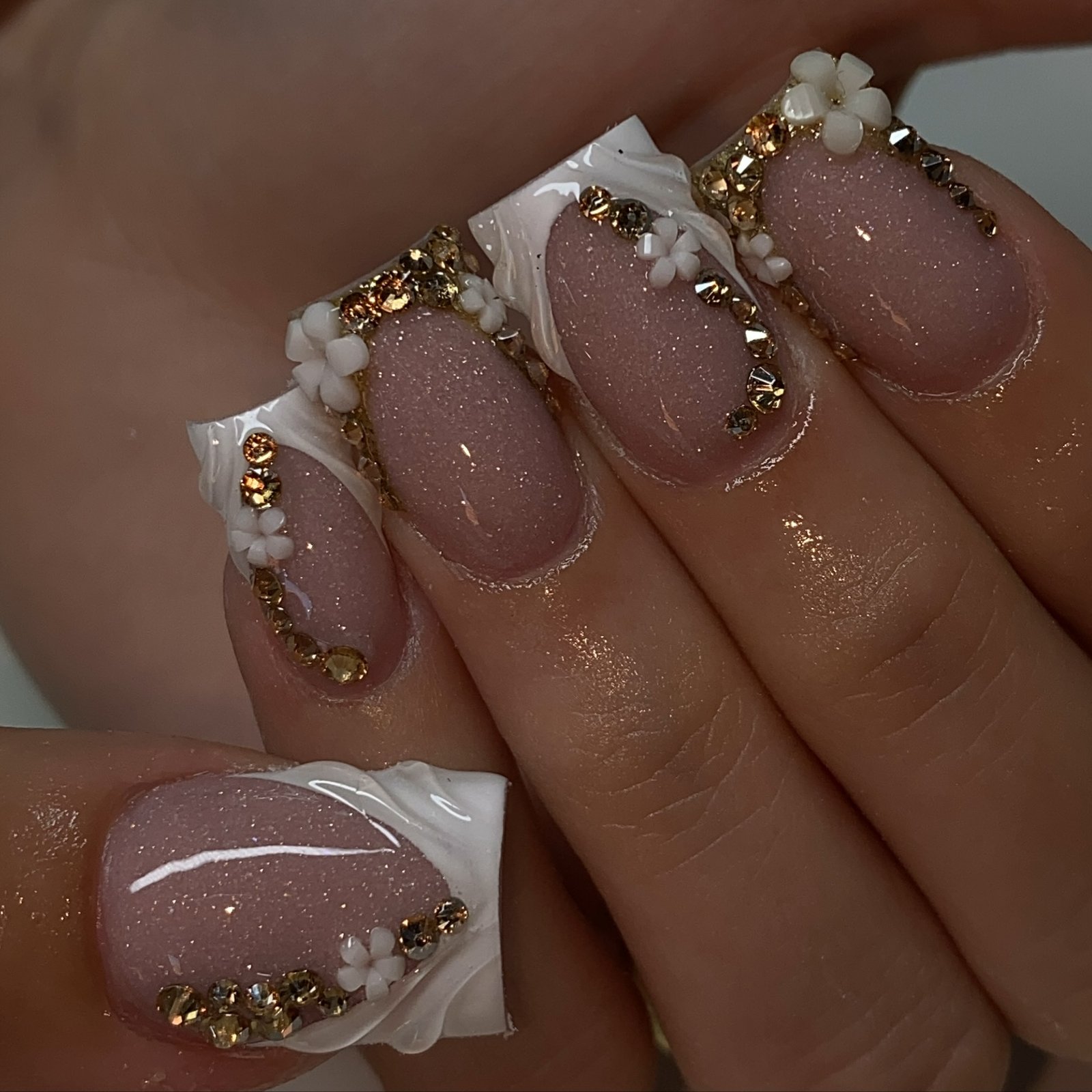 Mauve Nails with Gold Chains, Crystals, and White 3D Flowers