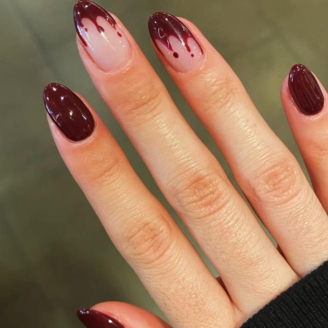 Sheer Nude Almond Nails with Burgundy Dripped French Tips