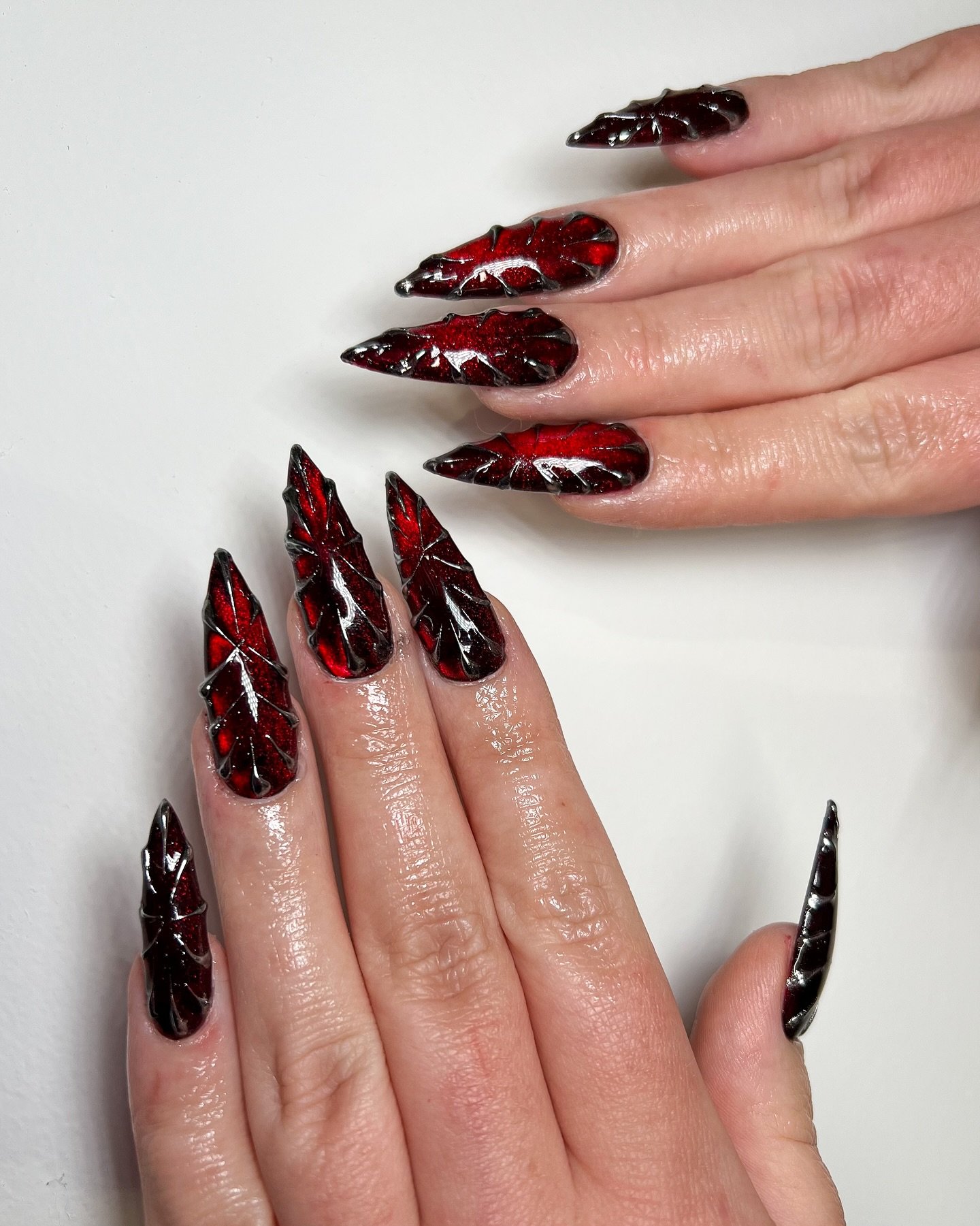 Black and Blood-Red Stiletto Nails with Spiderweb Linework