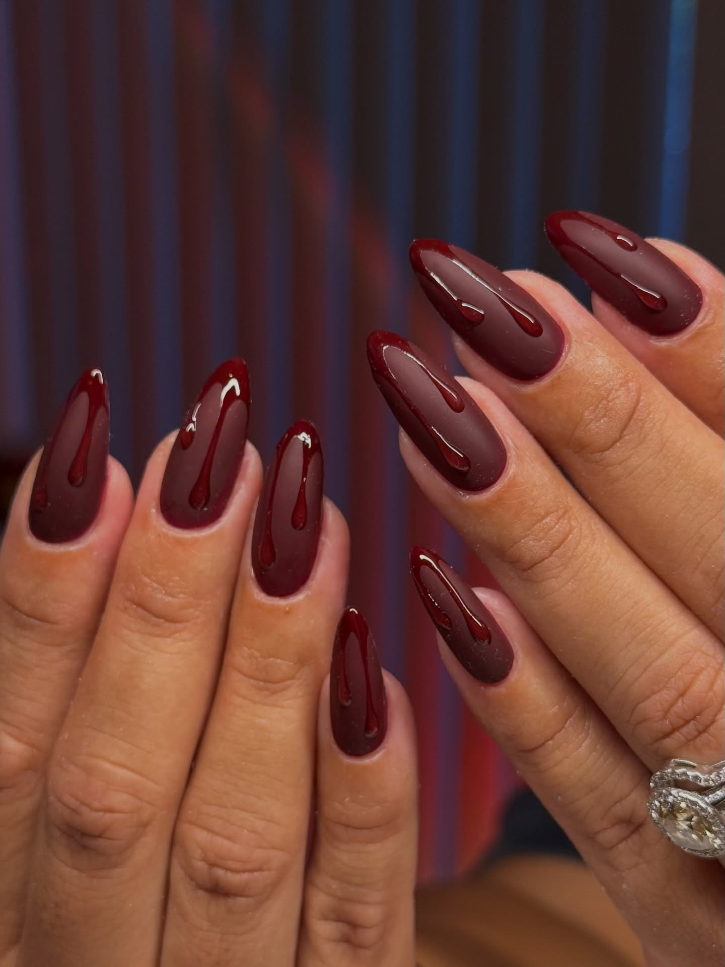 Glossy Dark Burgundy Almond Nails