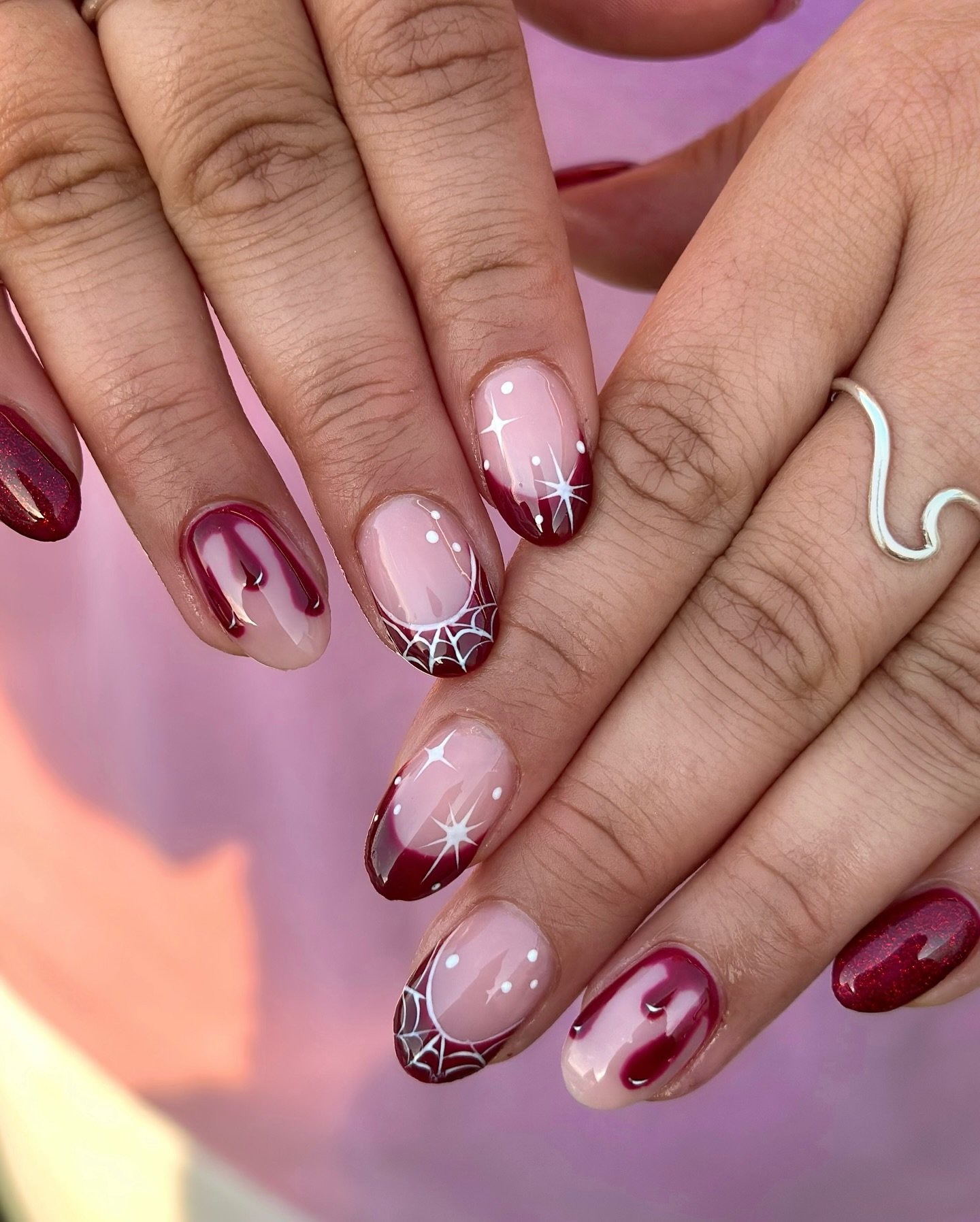 Nude and Burgundy Almond Nails with Fine Web Details