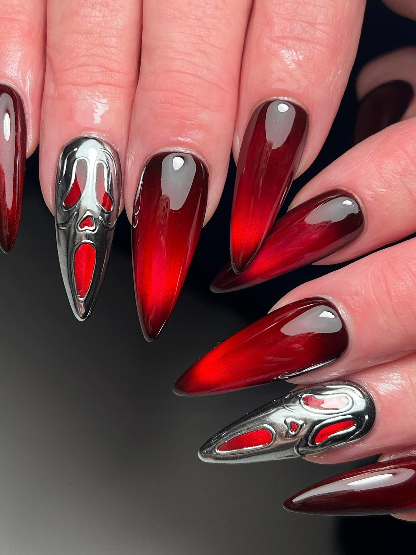 Chrome Red and Black Stiletto Nails with Silver Details