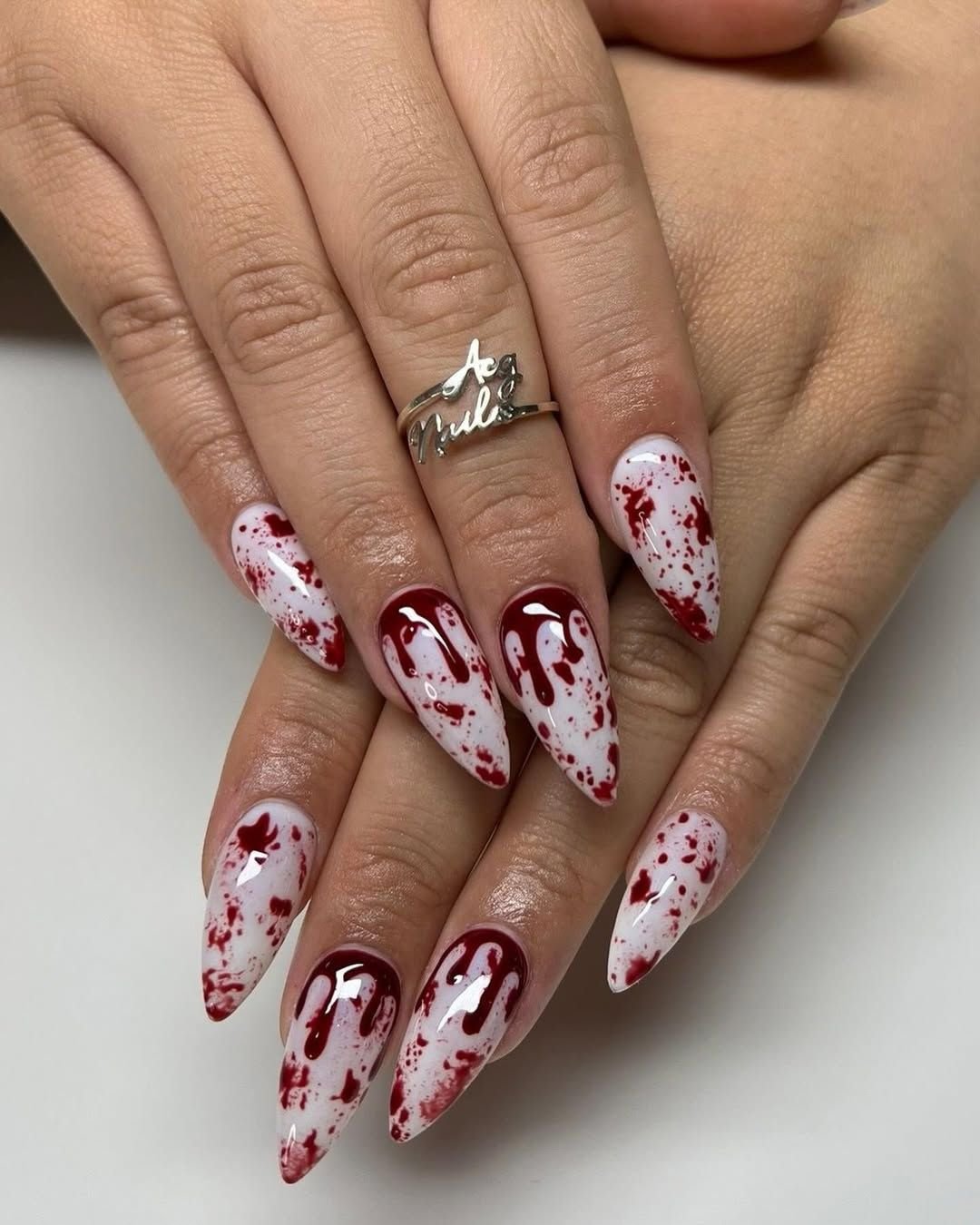 White Almond Nails with Blood-Red Splatter and Drips