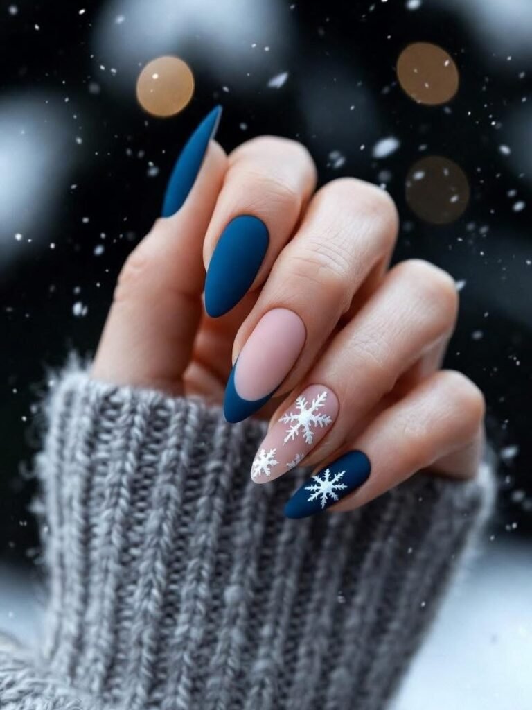 Blue Christmas nails idea 1: Matte Blue Almond Nails with Winter Snowflakes