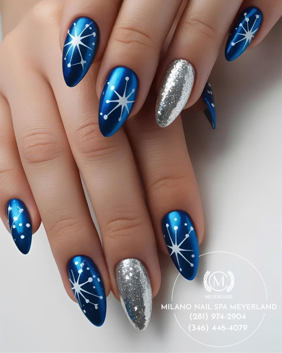 Blue Christmas nails idea 5: Navy Snowflake Nails with White and Blue Striped Tips