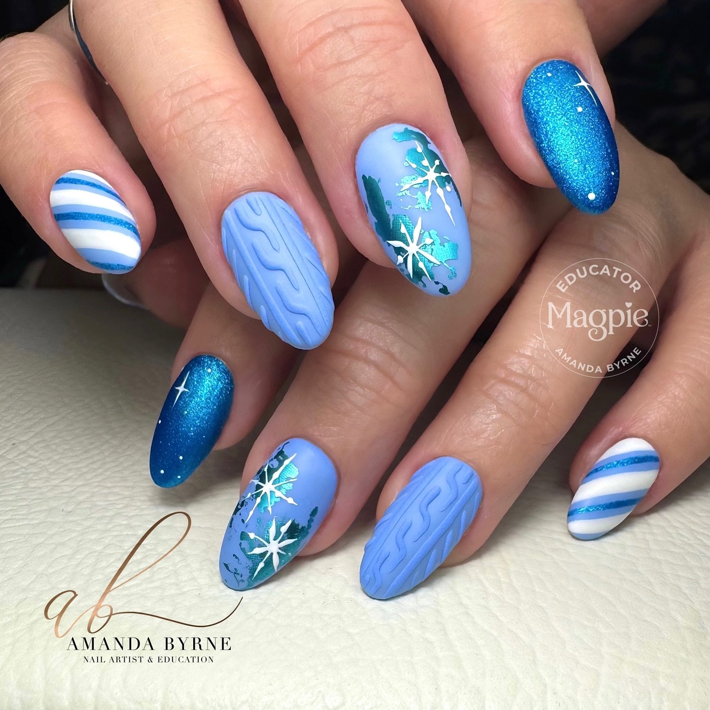 Blue Christmas nails idea 37: Icy Blue Textured Christmas Nails with Snowflakes