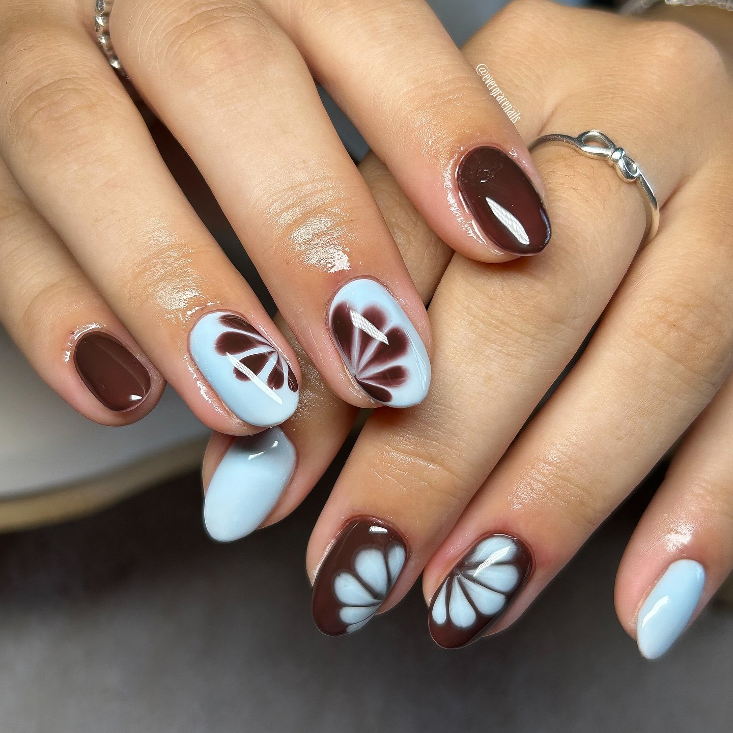 Brown and Pale Blue Floral Nails