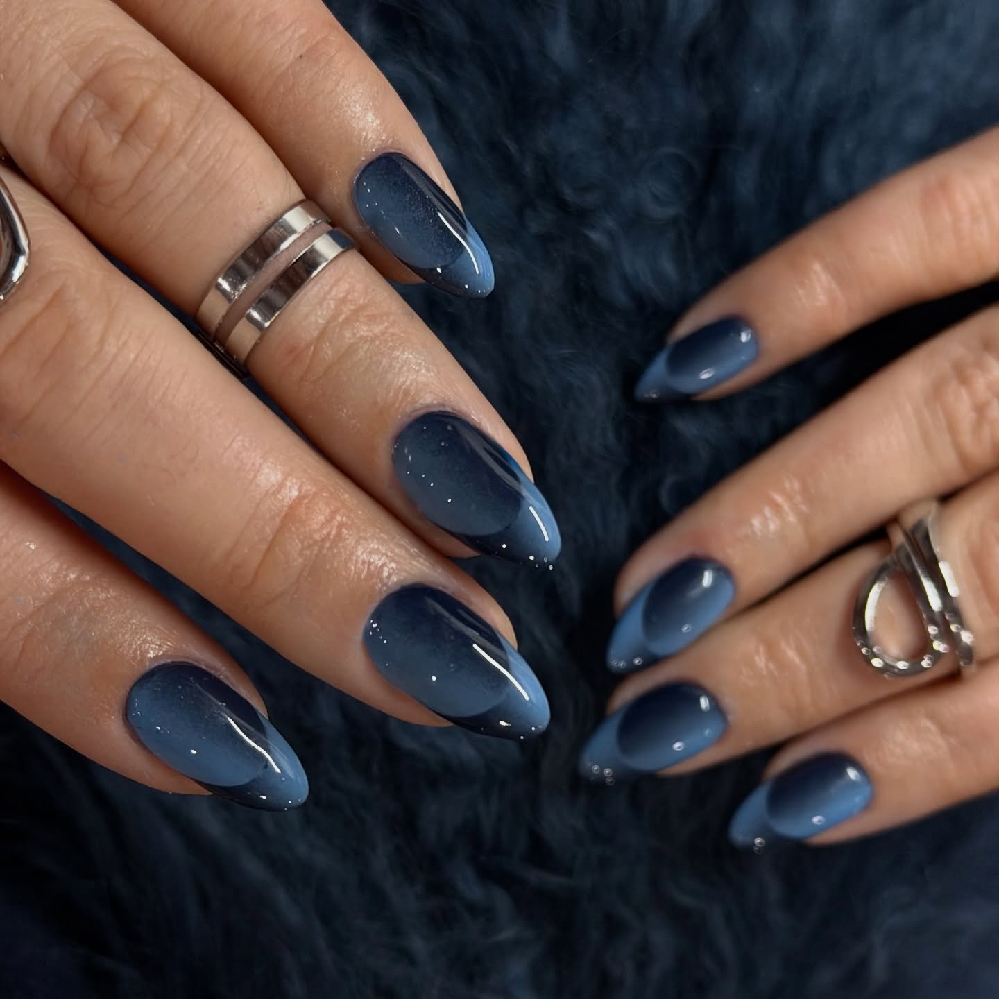 Smoky Blue Glitter Almond Nails