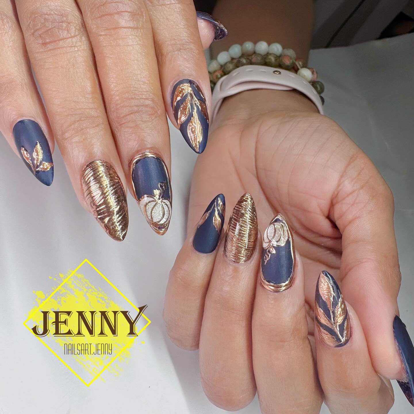 Navy Blue and Gold Embellished Nails