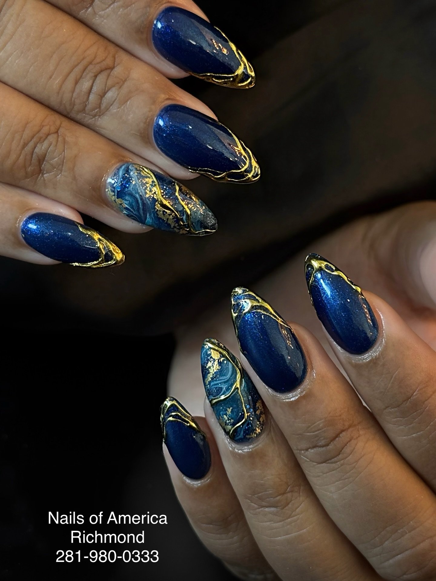 Navy Blue and Gold Marble Nails