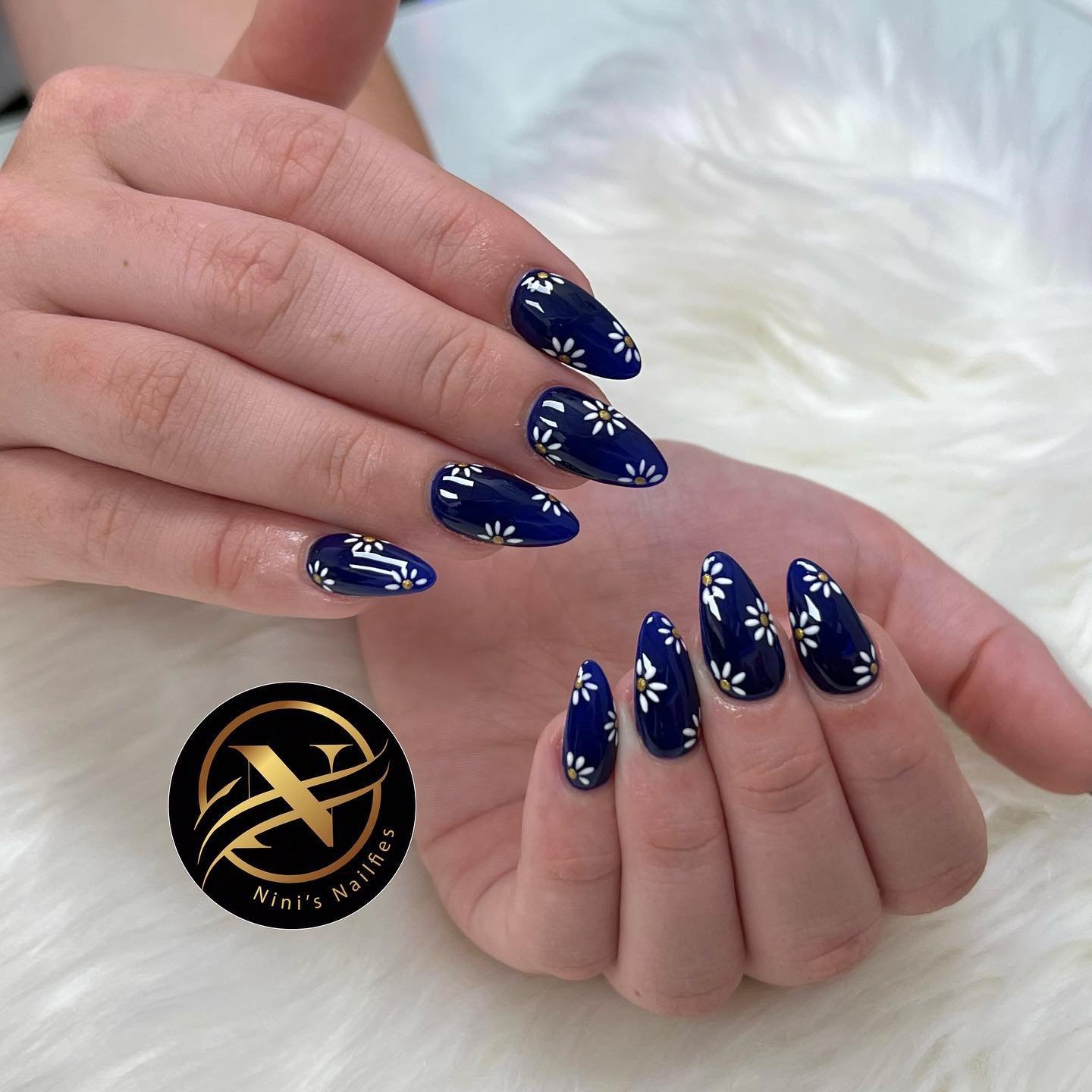 Navy Blue Floral Nails