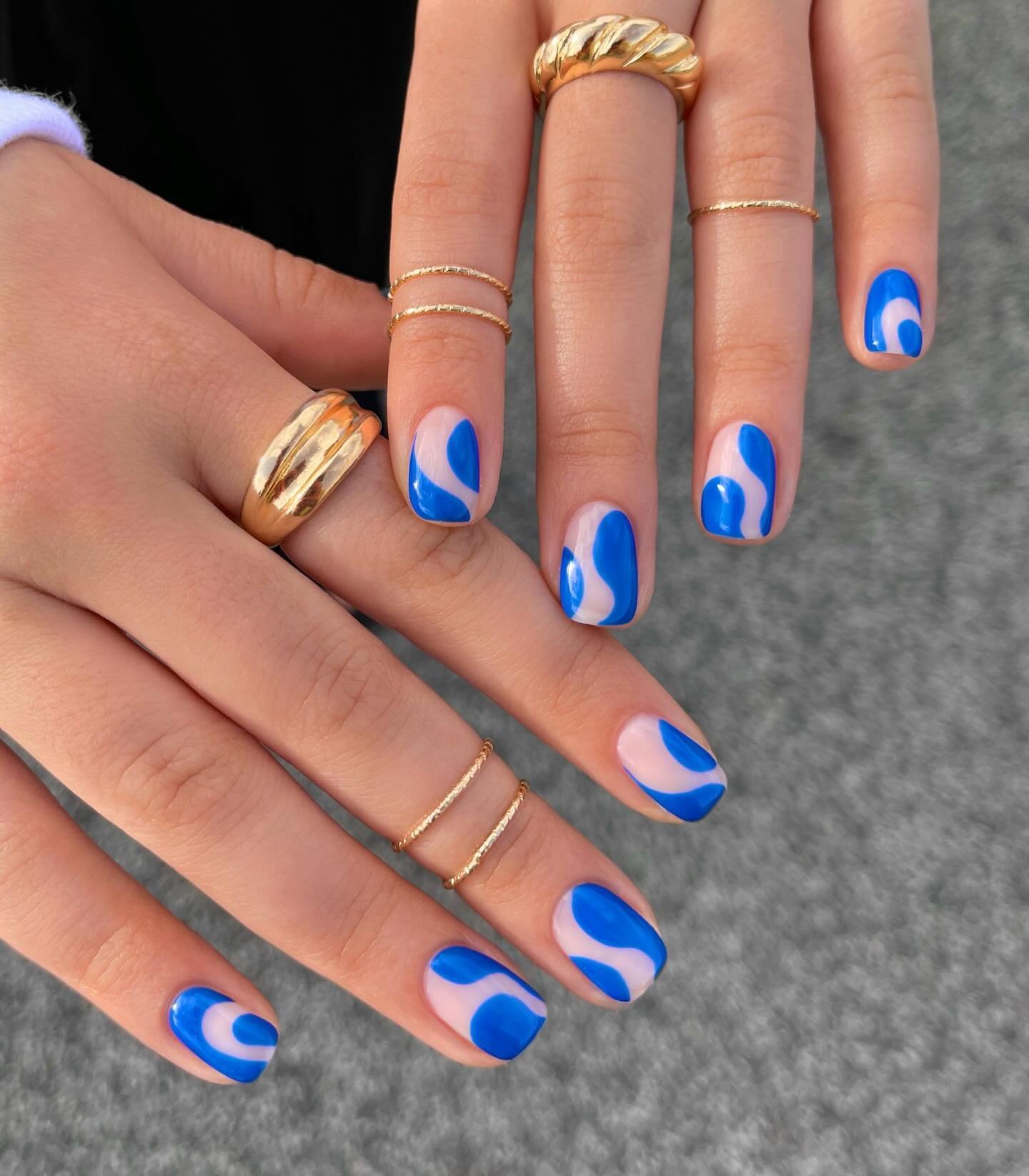 Blue and White Swirl French Tips