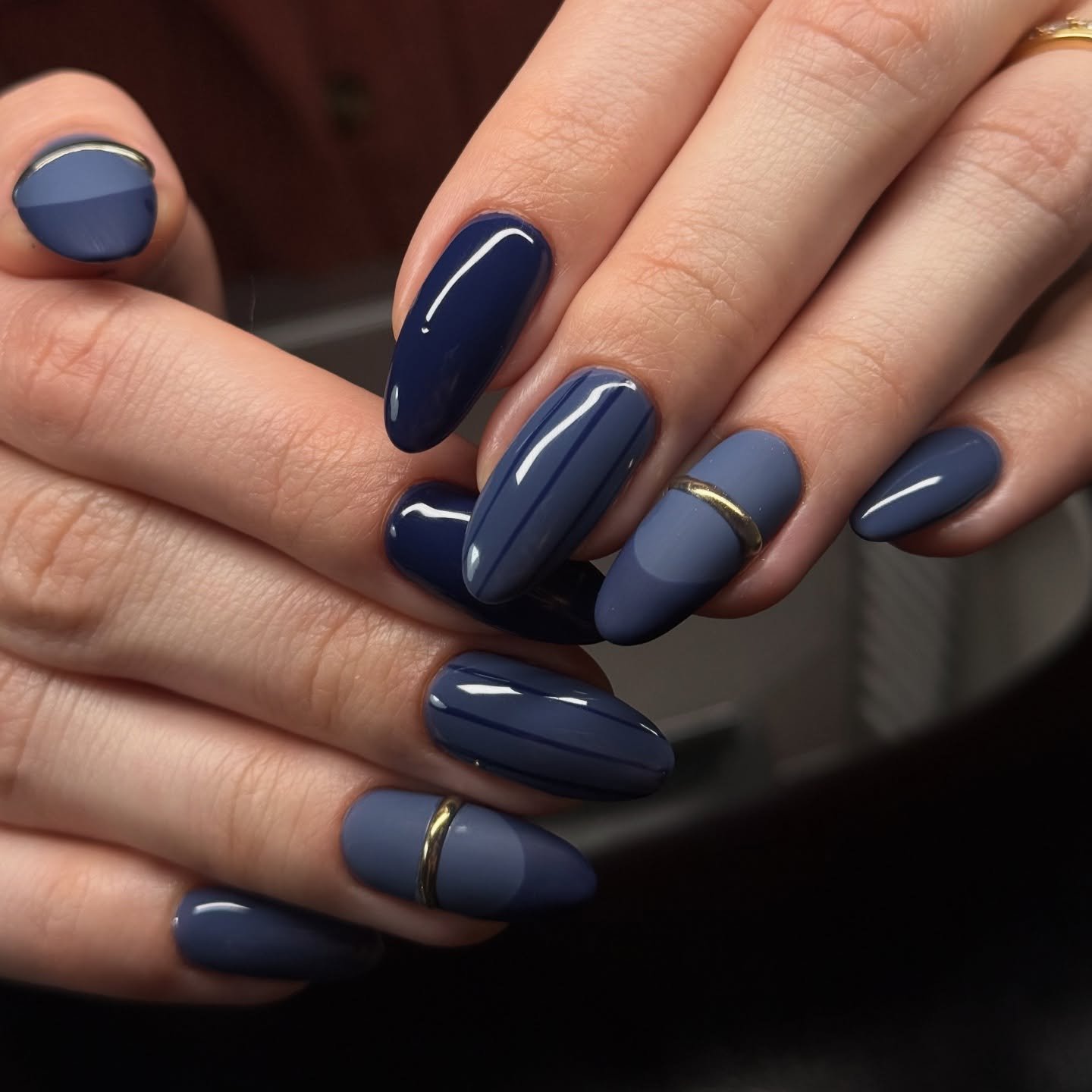 Navy and Periwinkle Nails with Gold Bands