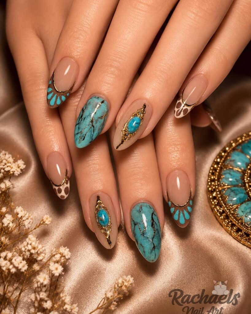Teal Marble Almond Nails with Gold Accents